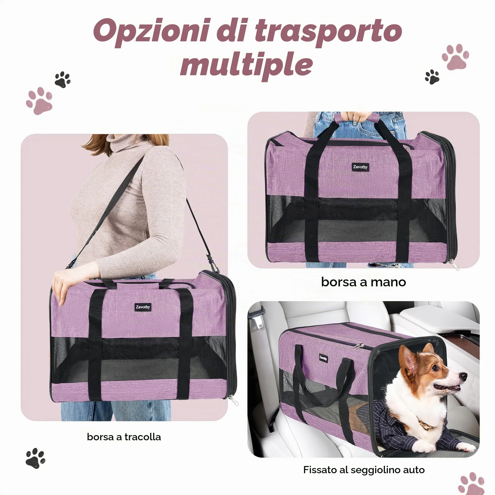 Zavothy Borsa Trasporto per Gatti e Cani, Traspirante e Pieghevole con Tracolla Regolabile e Materasso Rimovibile, Viola, L - immagine 6