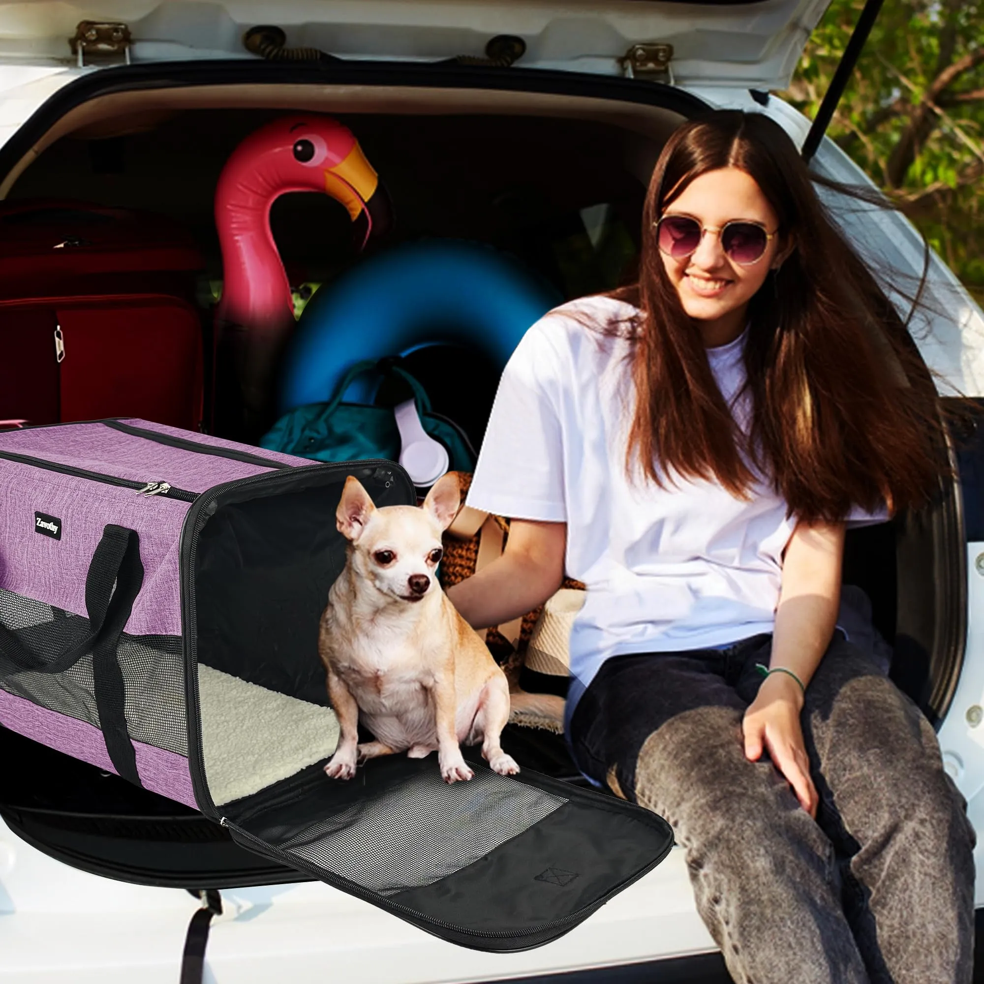 Zavothy Borsa Trasporto per Gatti e Cani, Traspirante e Pieghevole con Tracolla Regolabile e Materasso Rimovibile, Viola, L - immagine 7