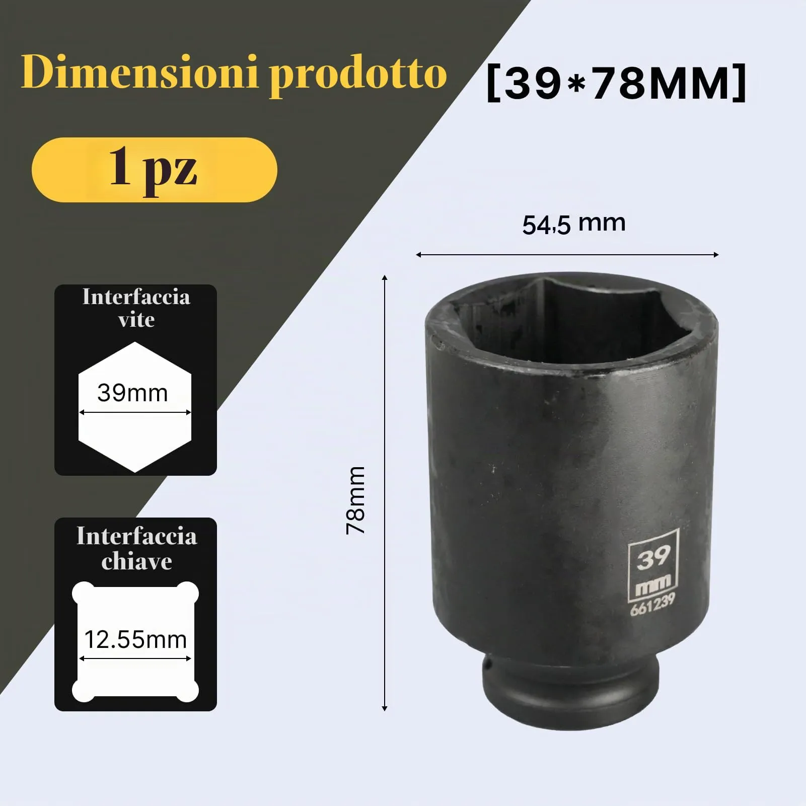 Flewdart Bussola Lunga Esagonale 1/2" 39mm, Acciaio al Cromo Molibdeno CR-MO, Lunghezza 78mm - immagine 2
