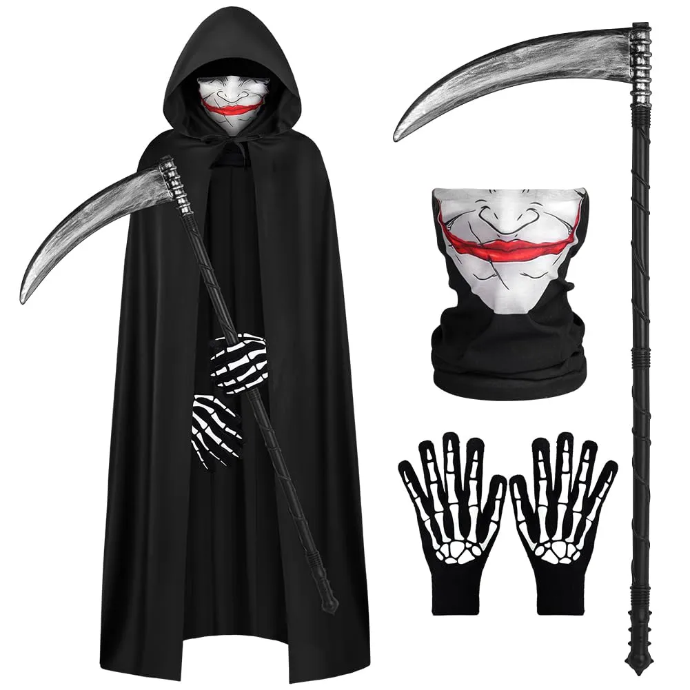 AOOWU Mantello Nero con Cappuccio per Halloween, Set 4 Pezzi con Falce, Maschera e Guanti, 150cm - immagine 1
