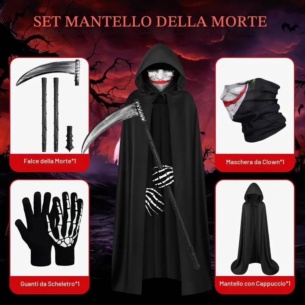 AOOWU Mantello Nero con Cappuccio per Halloween, Set 4 Pezzi con Falce, Maschera e Guanti, 150cm - immagine 2