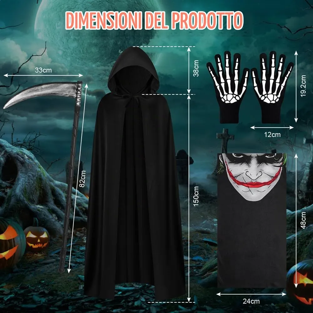 AOOWU Mantello Nero con Cappuccio per Halloween, Set 4 Pezzi con Falce, Maschera e Guanti, 150cm - immagine 3