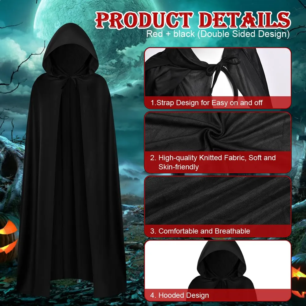 AOOWU Mantello Nero con Cappuccio per Halloween, Set 4 Pezzi con Falce, Maschera e Guanti, 150cm - immagine 4