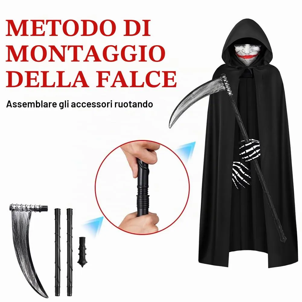 AOOWU Mantello Nero con Cappuccio per Halloween, Set 4 Pezzi con Falce, Maschera e Guanti, 150cm - immagine 5