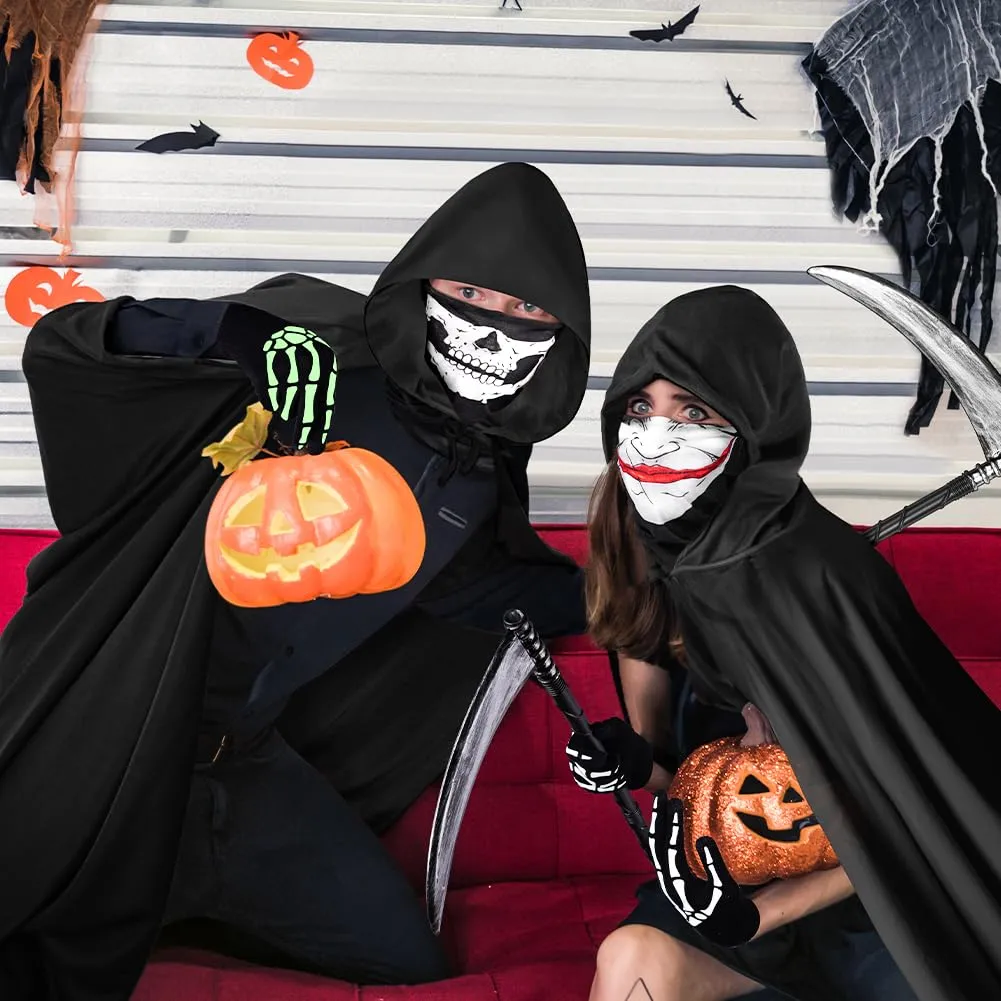 AOOWU Mantello Nero con Cappuccio per Halloween, Set 4 Pezzi con Falce, Maschera e Guanti, 150cm - immagine 6