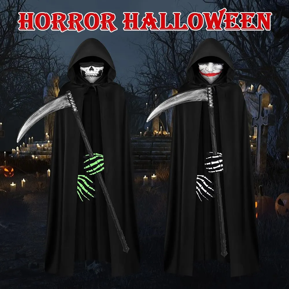 AOOWU Mantello Nero con Cappuccio per Halloween, Set 4 Pezzi con Falce, Maschera e Guanti, 150cm - immagine 7