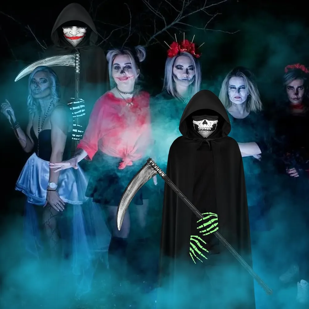 AOOWU Mantello Nero con Cappuccio per Halloween, Set 4 Pezzi con Falce, Maschera e Guanti, 150cm - immagine 8