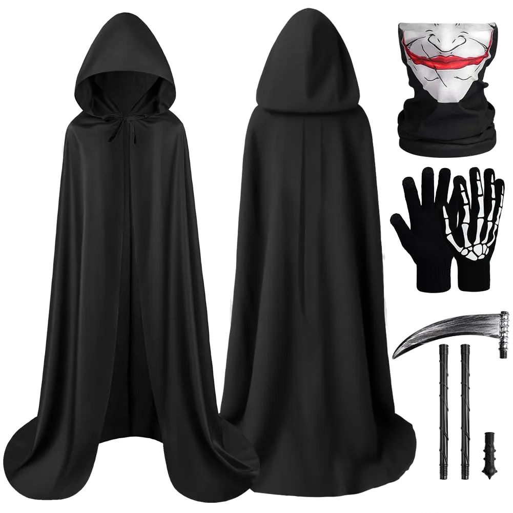 AOOWU Mantello Nero con Cappuccio per Halloween, Set 4 Pezzi con Falce, Maschera e Guanti, 150cm - immagine 9