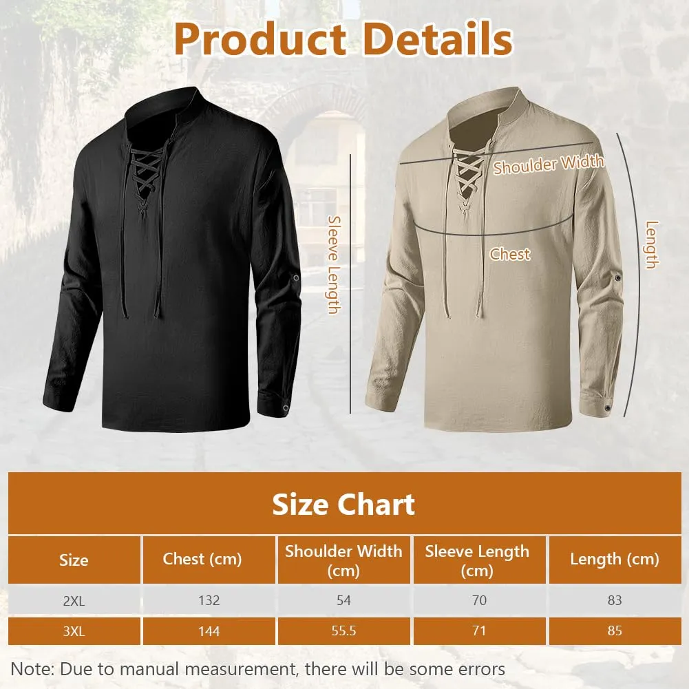 BSBUY Camicia Medievale Rinascimentale Uomo in Cotone Stile Pirata Gotico Nero XXL - immagine 2