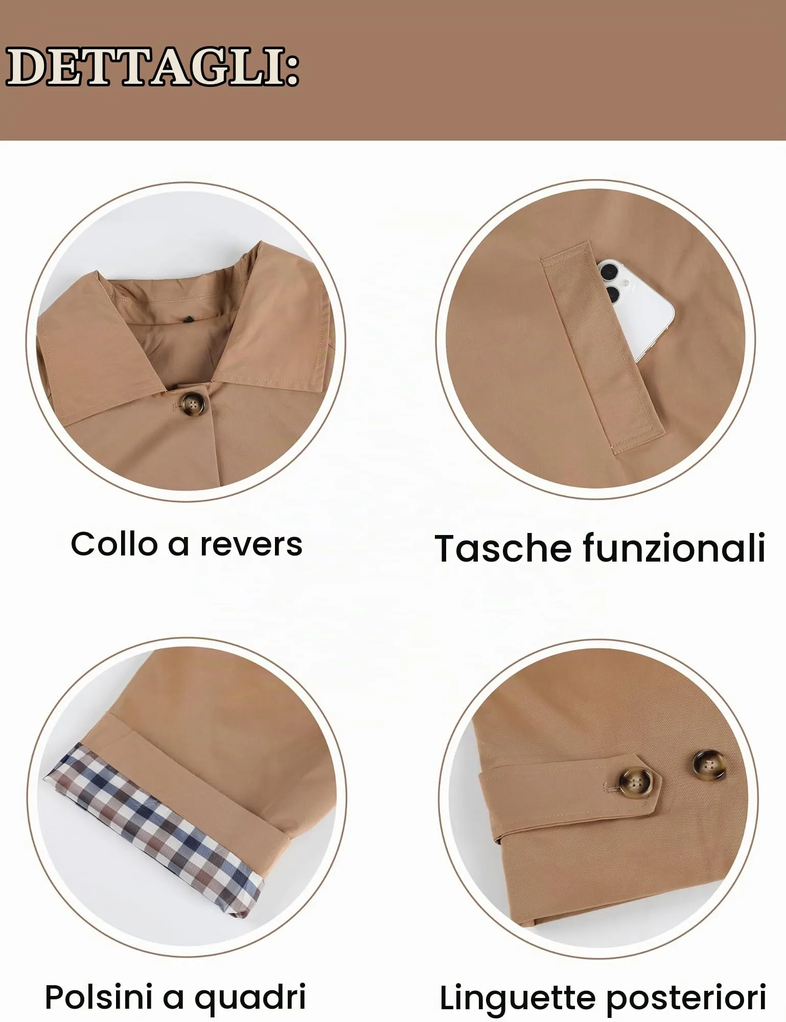 Dqbeng Giacca Corta da Donna in Stile Trench, Cammello, Large - immagine 7
