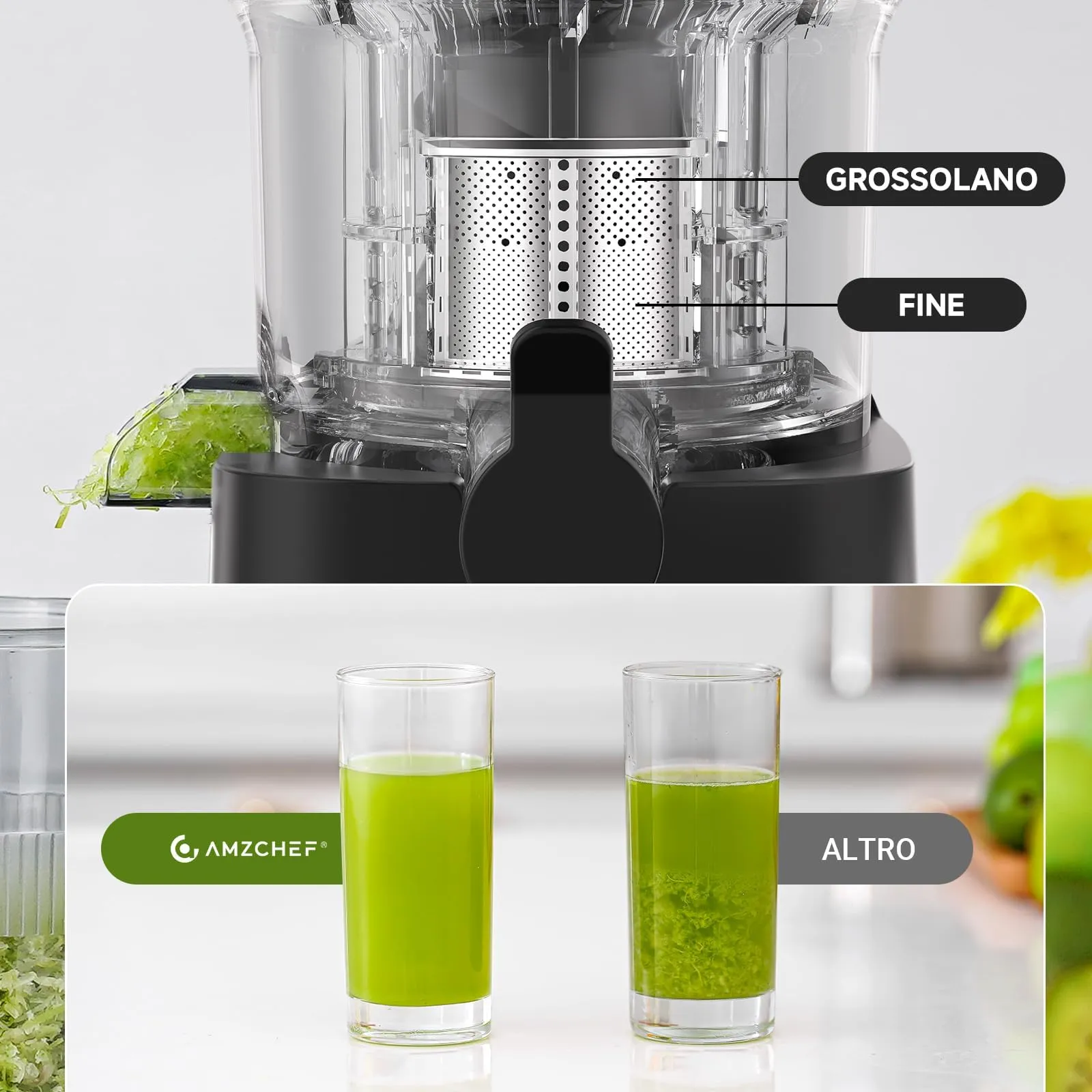 AMZCHEF Estrattore Frutta e Verdura ZM1902M, Bocca Larga 120mm con Taglio Automatico, Slow Juicer a Freddo 60RPM in Acciaio Inox - immagine 2
