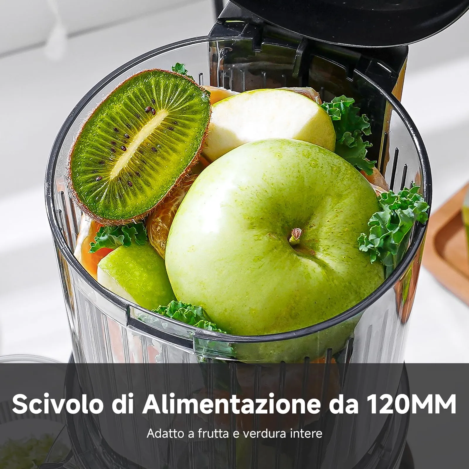 AMZCHEF Estrattore Frutta e Verdura ZM1902M, Bocca Larga 120mm con Taglio Automatico, Slow Juicer a Freddo 60RPM in Acciaio Inox - immagine 3