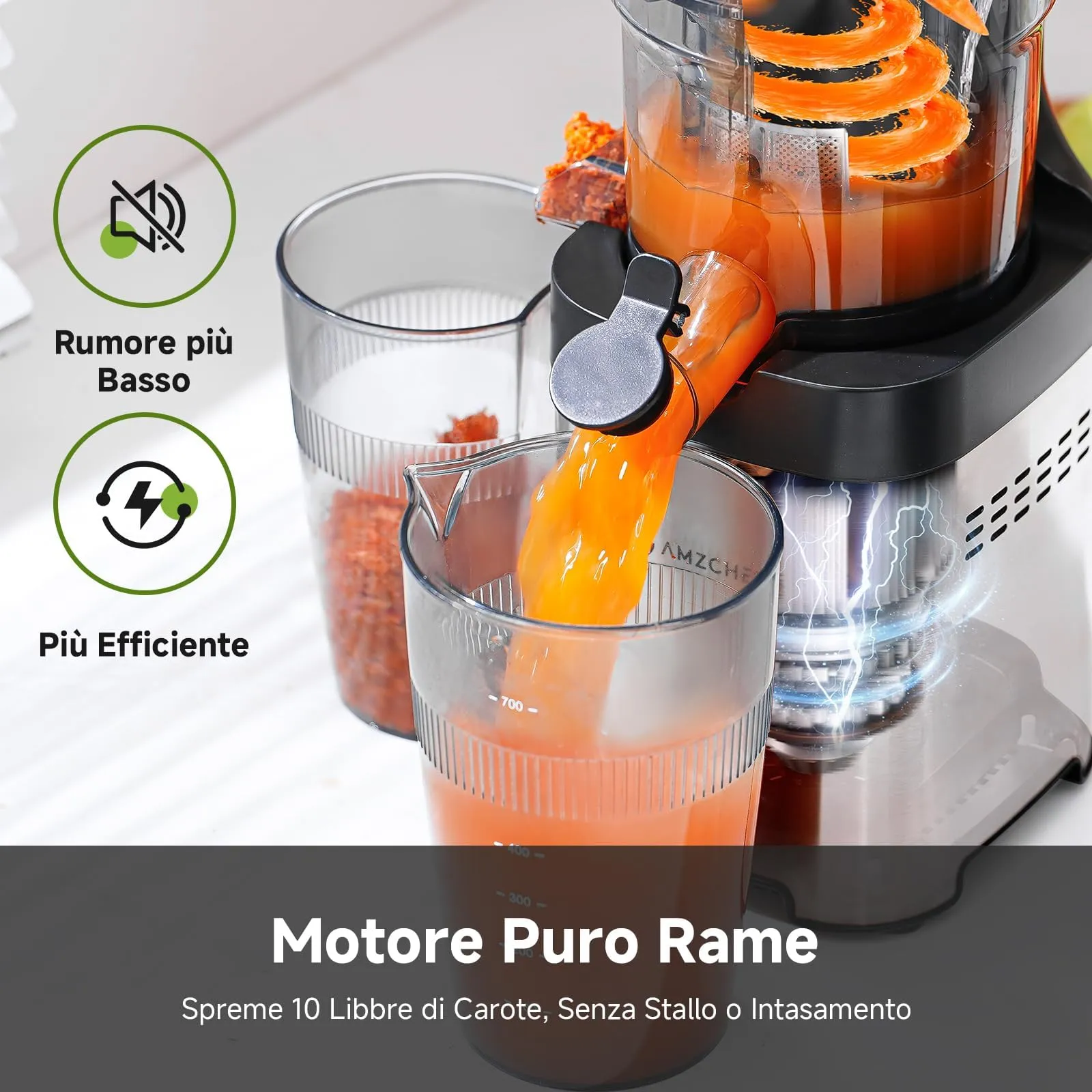 AMZCHEF Estrattore Frutta e Verdura ZM1902M, Bocca Larga 120mm con Taglio Automatico, Slow Juicer a Freddo 60RPM in Acciaio Inox - immagine 5