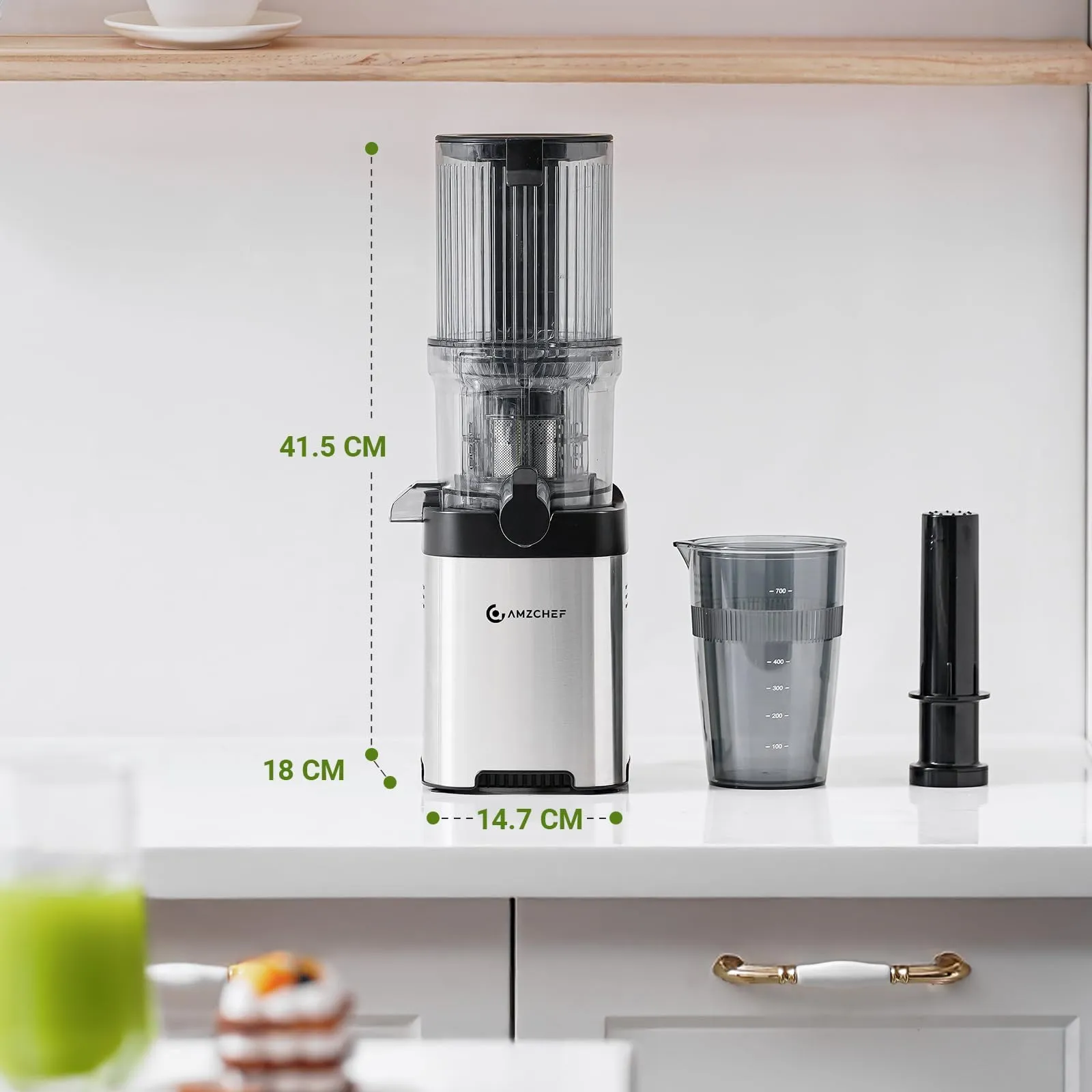 AMZCHEF Estrattore Frutta e Verdura ZM1902M, Bocca Larga 120mm con Taglio Automatico, Slow Juicer a Freddo 60RPM in Acciaio Inox - immagine 8
