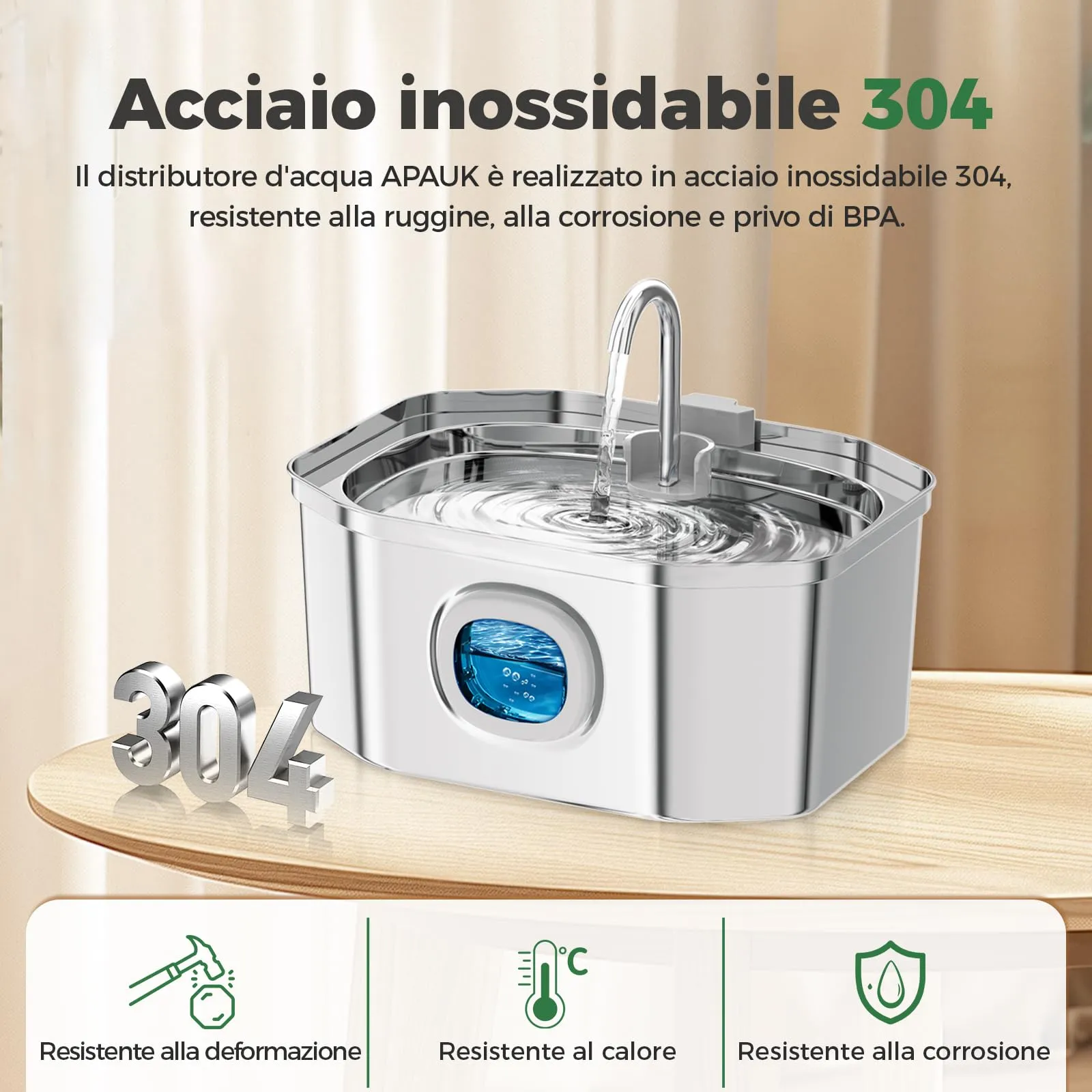 Apauk Fontanella per Gatti e Cani Piccoli in Acciaio Inox 3.2L, con Finestra LED e Sistema di Filtraggio Multistrato (S con 2 filtri & 2 spugne) - immagine 2