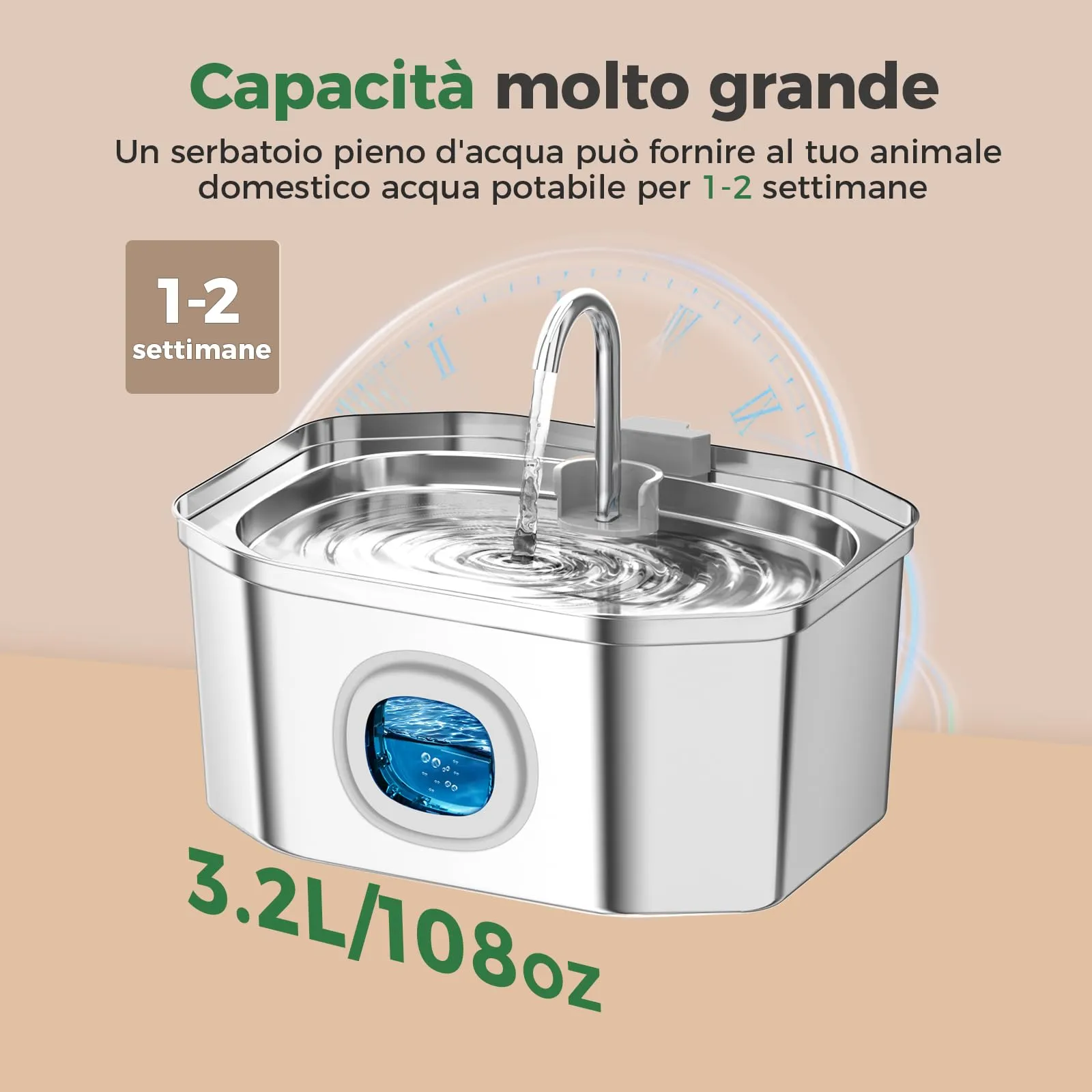 Apauk Fontanella per Gatti e Cani Piccoli in Acciaio Inox 3.2L, con Finestra LED e Sistema di Filtraggio Multistrato (S con 2 filtri & 2 spugne) - immagine 3