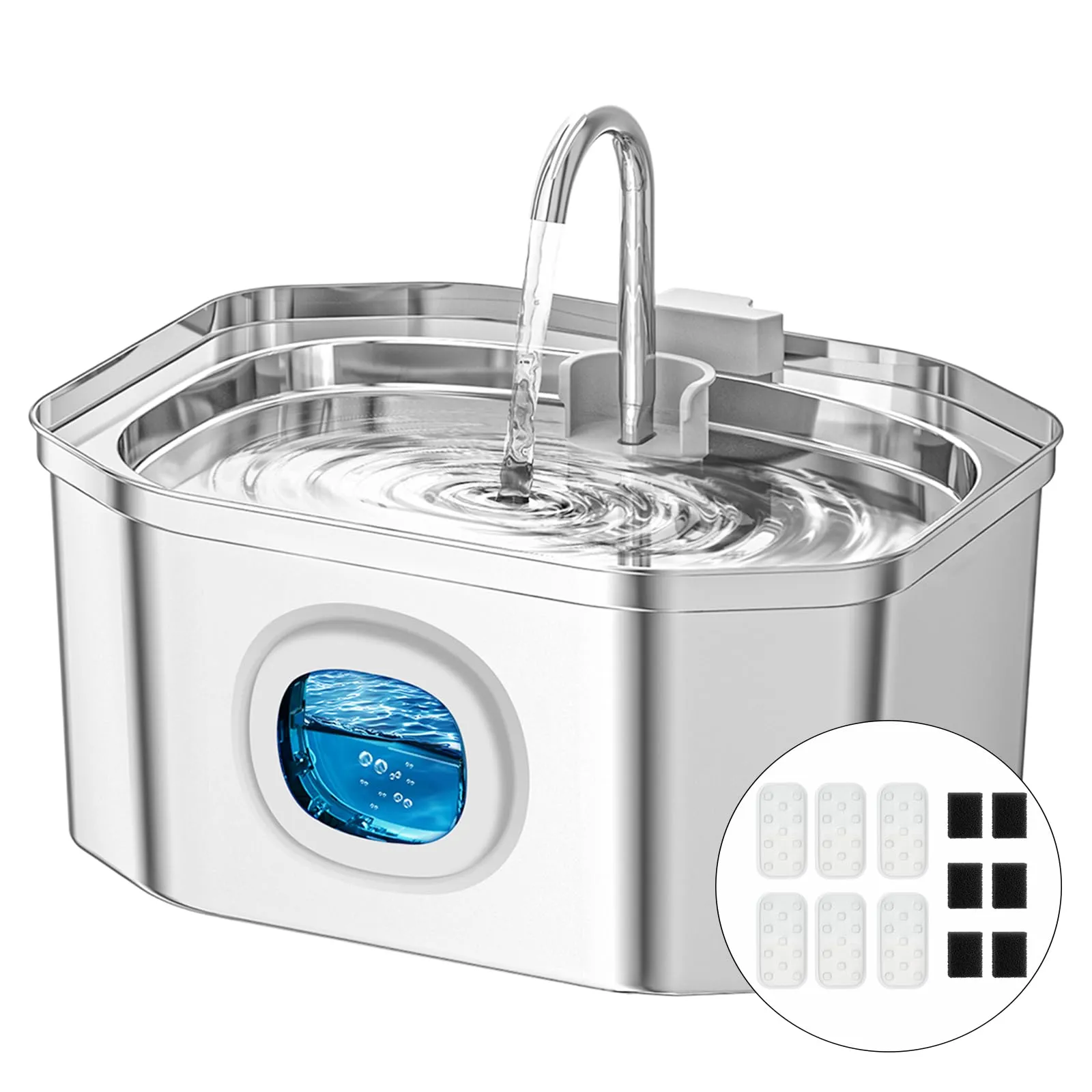 Apauk Fontana per Gatti e Cani Piccoli in Acciaio Inox 3.2L con Finestra LED e Sistema di Filtraggio Multistrato (6 Filtri & 6 Spugne) - immagine 1