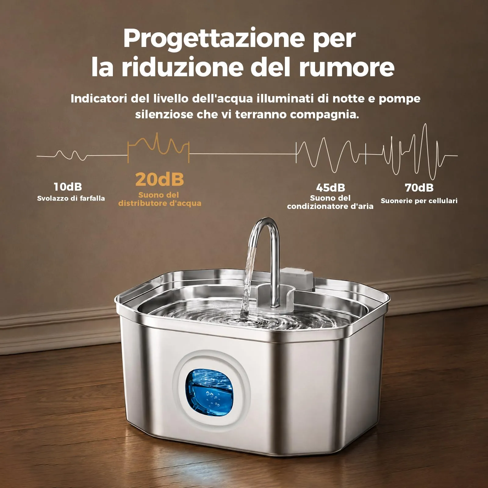Apauk Fontana per Gatti e Cani Piccoli in Acciaio Inox 3.2L con Finestra LED e Sistema di Filtraggio Multistrato (6 Filtri & 6 Spugne) - immagine 5