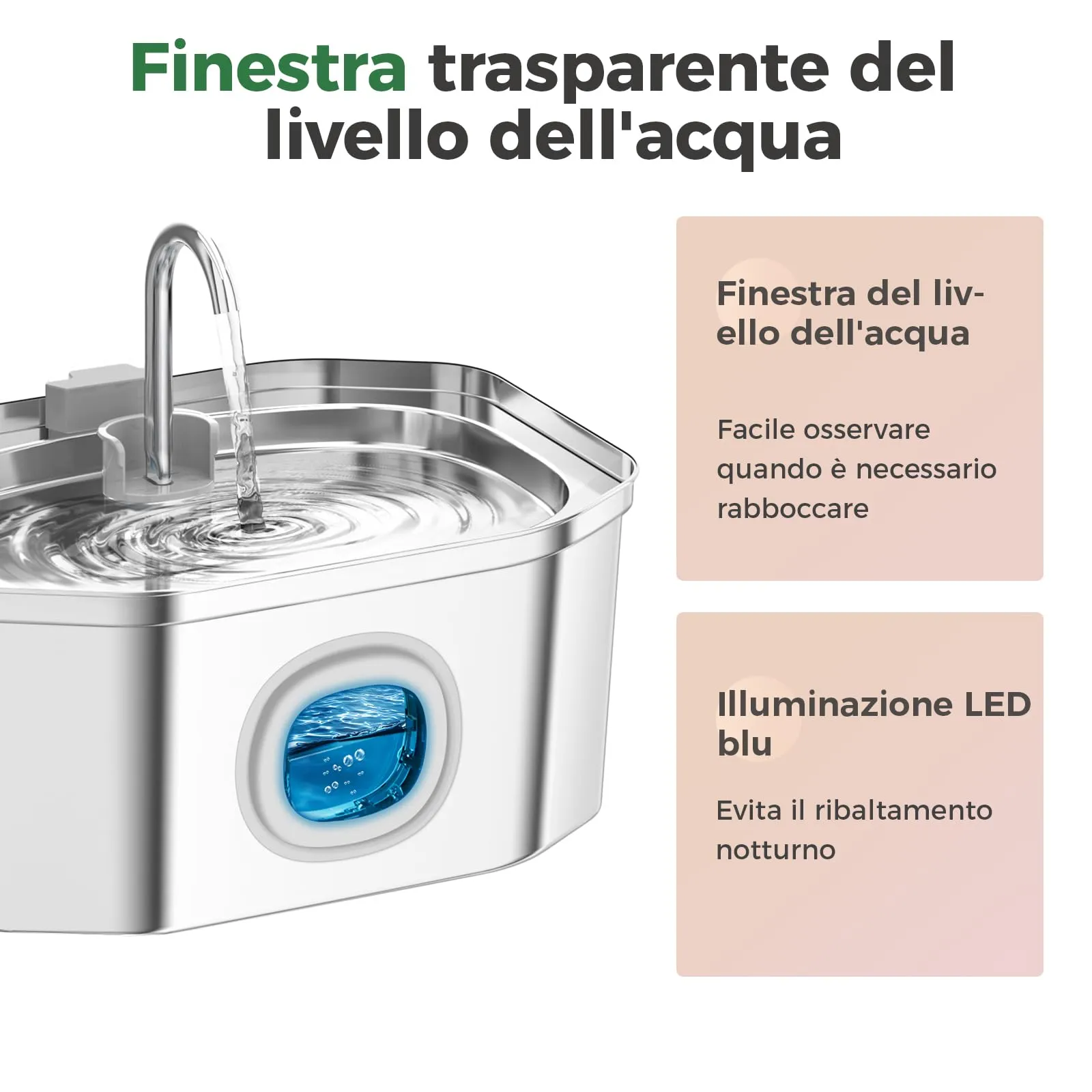 Apauk Fontana per Gatti e Cani Piccoli in Acciaio Inox 3.2L con Finestra LED e Sistema di Filtraggio Multistrato (6 Filtri & 6 Spugne) - immagine 6