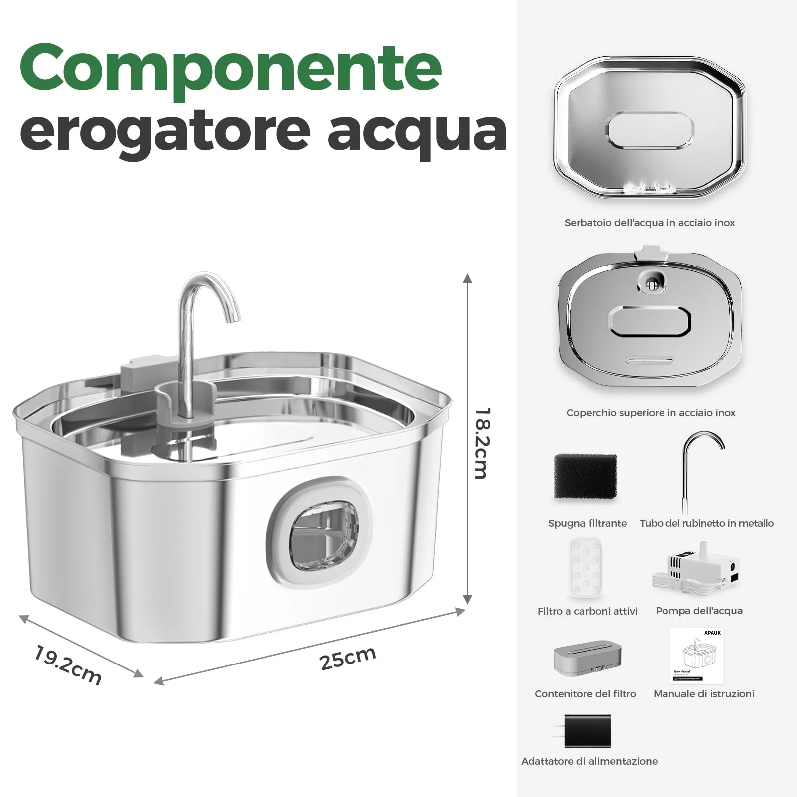 Apauk Fontana per Gatti e Cani Piccoli in Acciaio Inox 3.2L con Finestra LED e Sistema di Filtraggio Multistrato (6 Filtri & 6 Spugne) - immagine 7