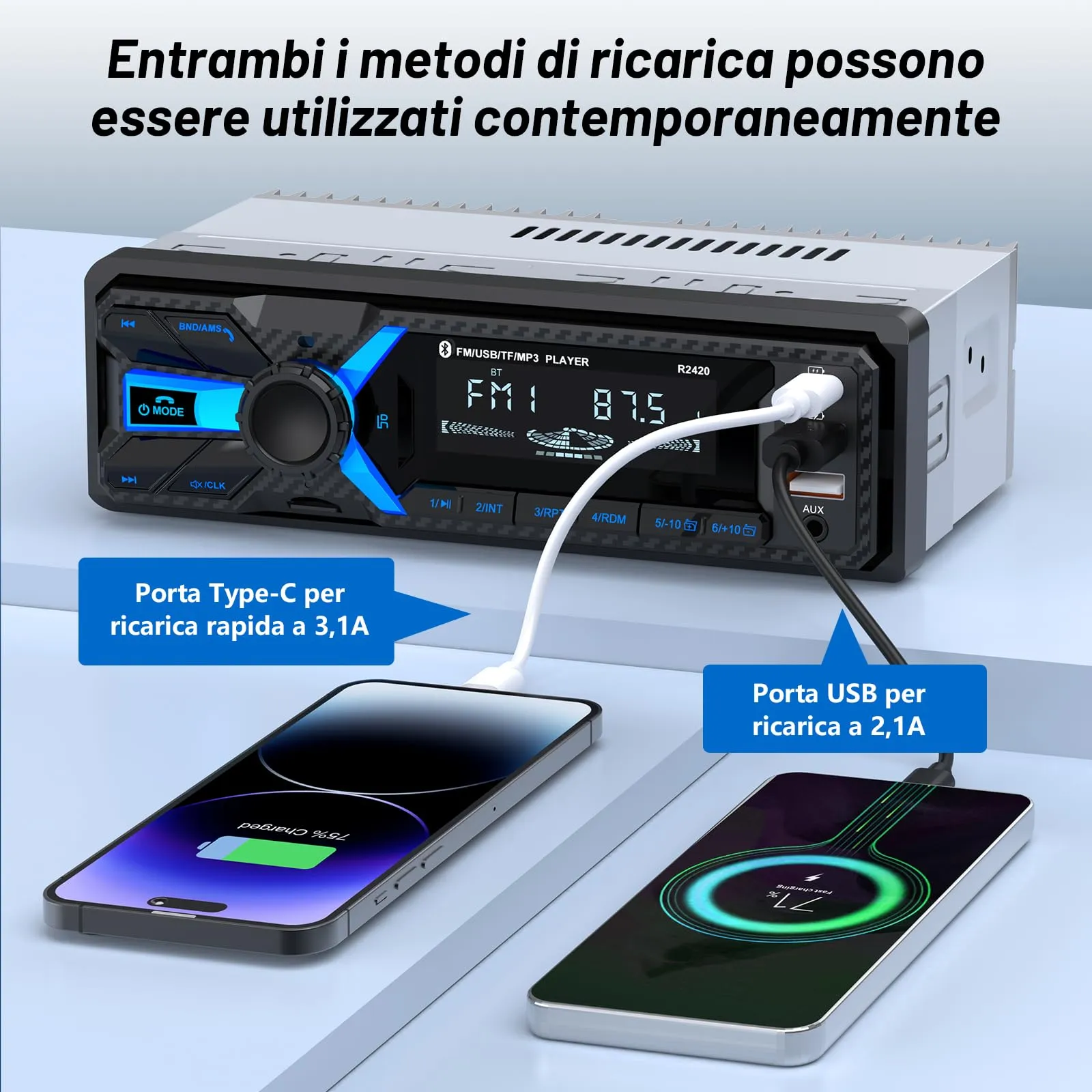Wistrue Autoradio 1DIN Bluetooth 5.0 RDS FM/AM con Porta di Ricarica Type-C e USB - immagine 2