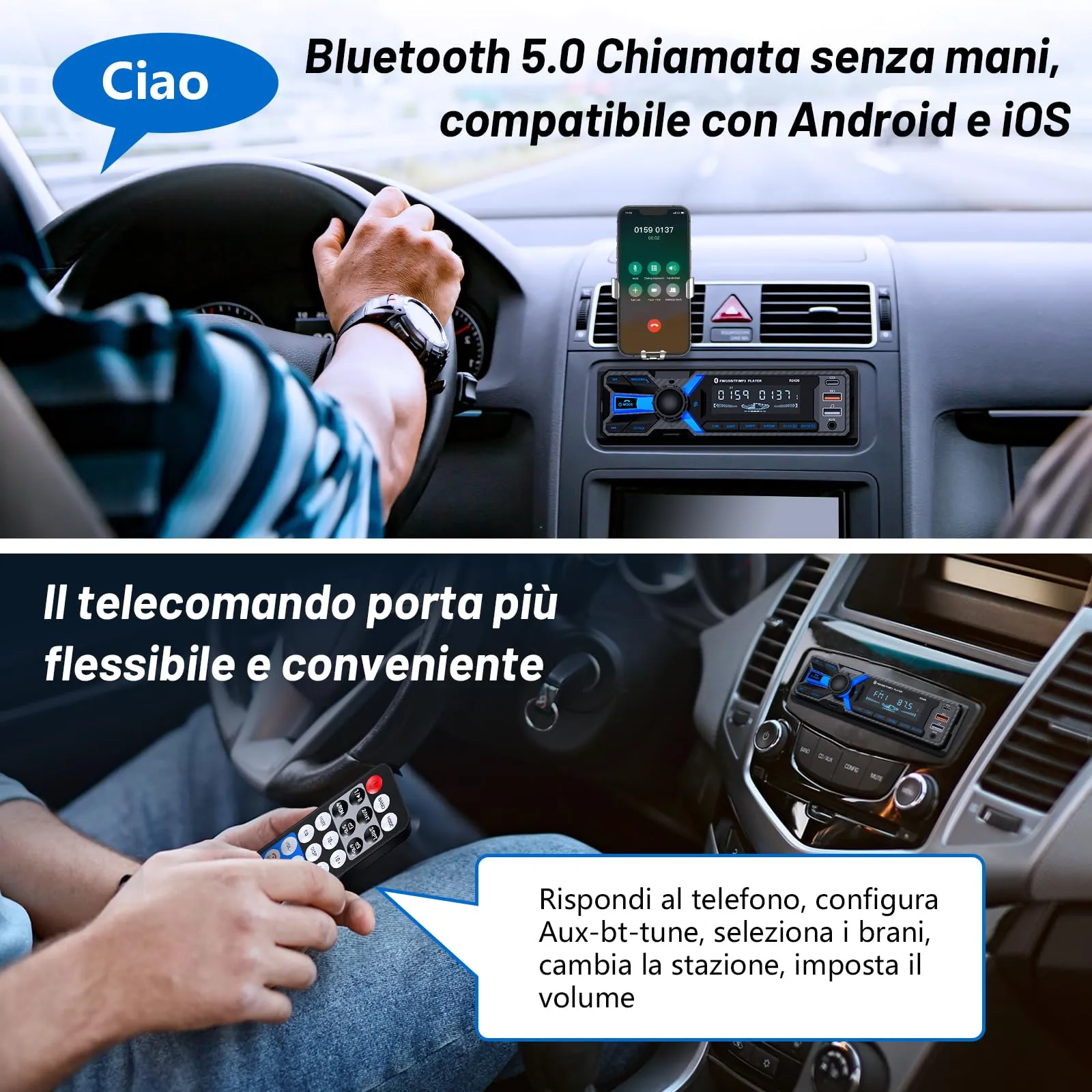 Wistrue Autoradio 1DIN Bluetooth 5.0 RDS FM/AM con Porta di Ricarica Type-C e USB - immagine 3