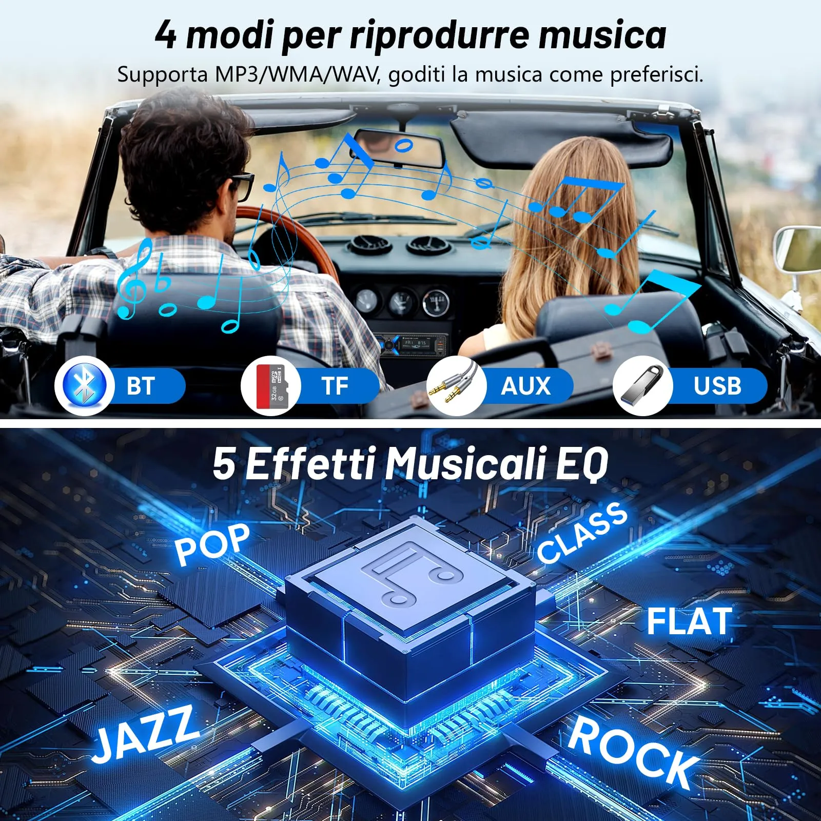 Wistrue Autoradio 1DIN Bluetooth 5.0 RDS FM/AM con Porta di Ricarica Type-C e USB - immagine 6