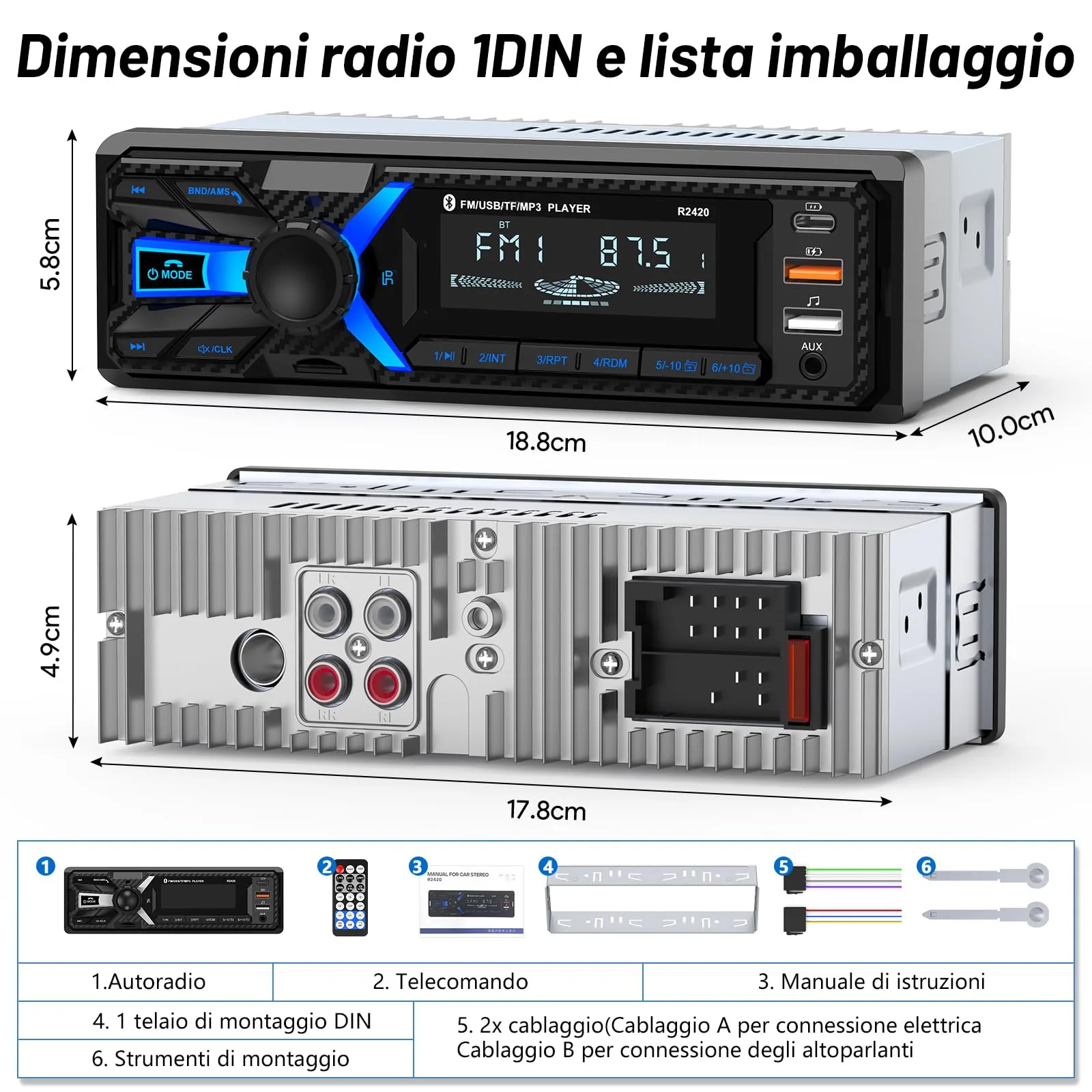 Wistrue Autoradio 1DIN Bluetooth 5.0 RDS FM/AM con Porta di Ricarica Type-C e USB - immagine 8