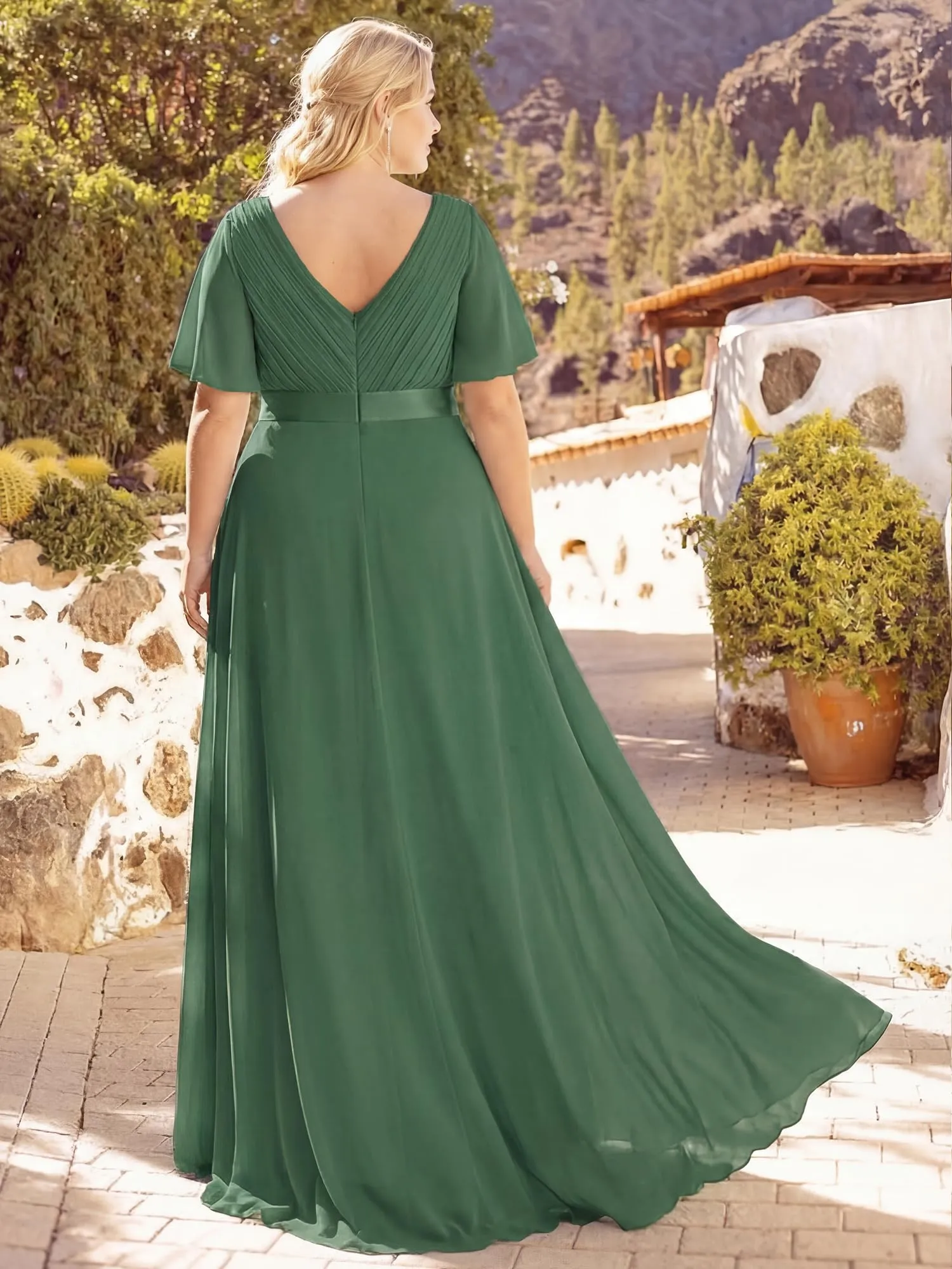 Ever-Pretty Abito da Damigella d'Onore in Chiffon con Doppio Scollo a V Donna Taglie Forti 09890-DA, Eucalipto, 52 - immagine 2