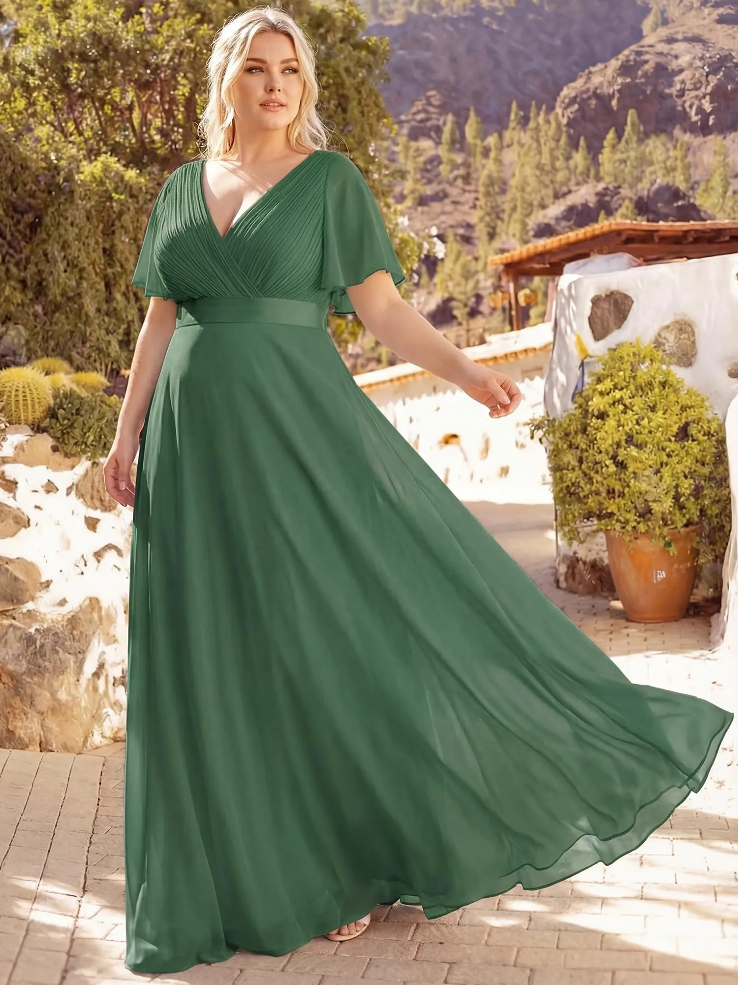 Ever-Pretty Abito da Damigella d'Onore in Chiffon con Doppio Scollo a V Donna Taglie Forti 09890-DA, Eucalipto, 52 - immagine 4
