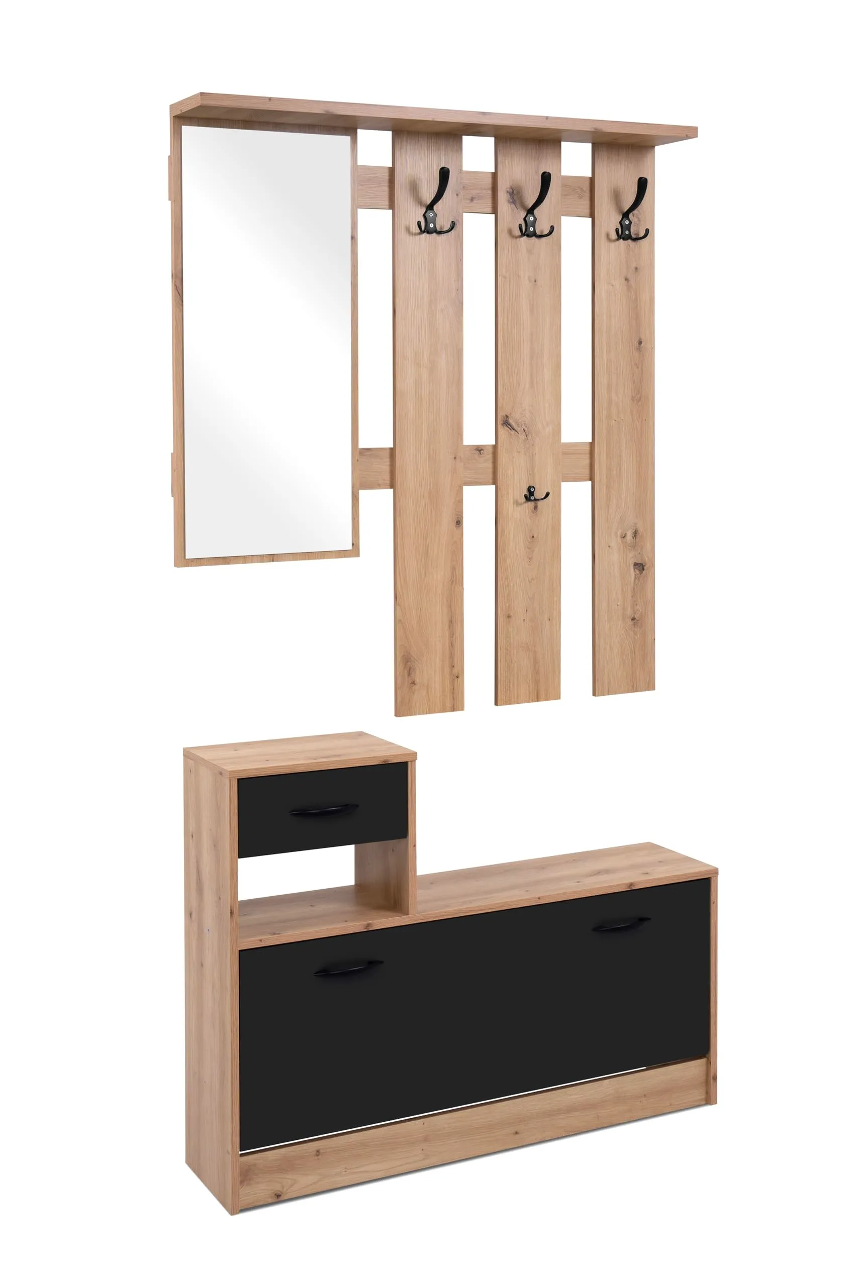 AVANTI TRENDSTORE Rudolf - Guardaroba da Ingresso con Specchio, 3 Ganci e Scarpiera, 100x180x25 cm, Quercia Artisan/Nero - immagine 1
