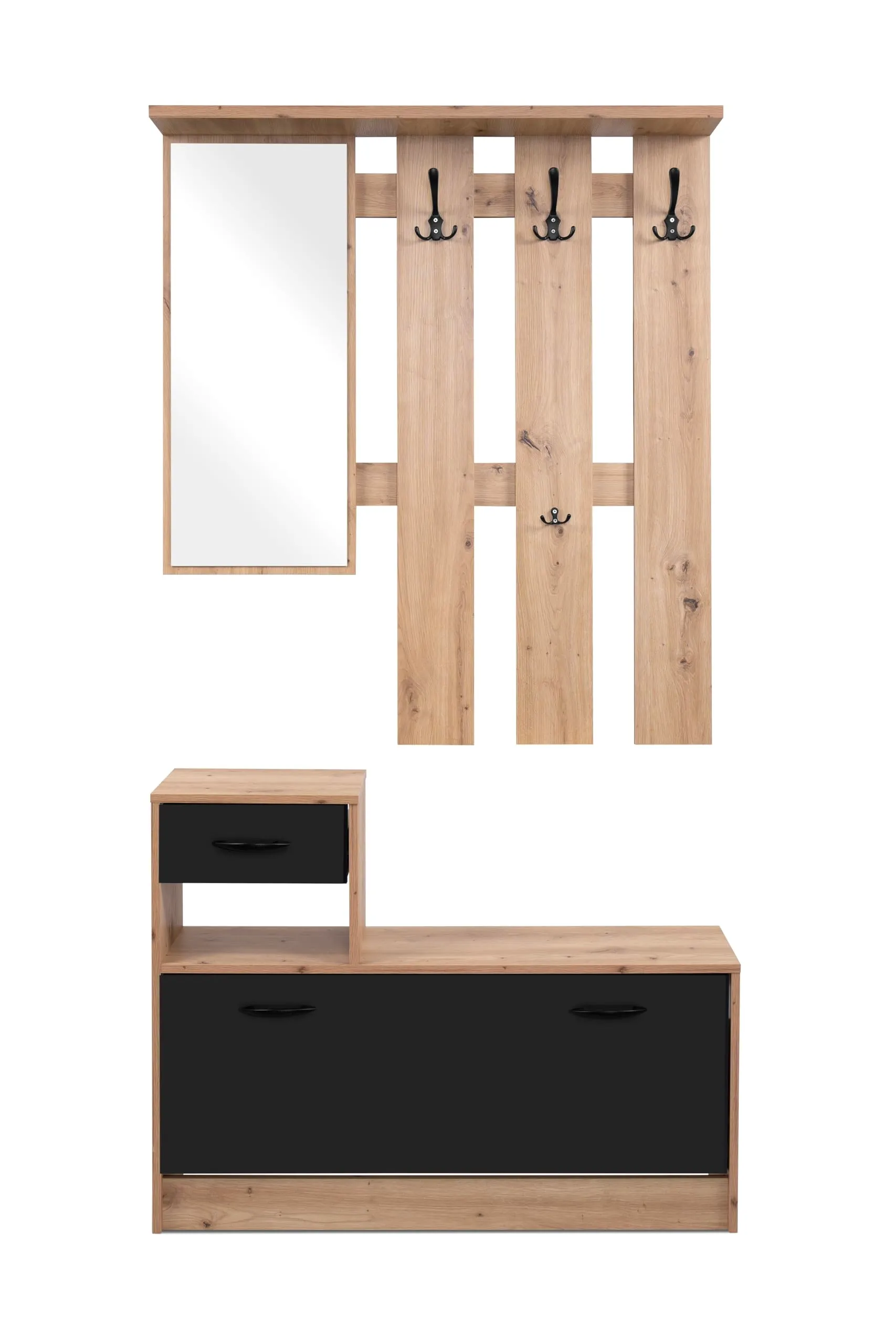AVANTI TRENDSTORE Rudolf - Guardaroba da Ingresso con Specchio, 3 Ganci e Scarpiera, 100x180x25 cm, Quercia Artisan/Nero - immagine 2
