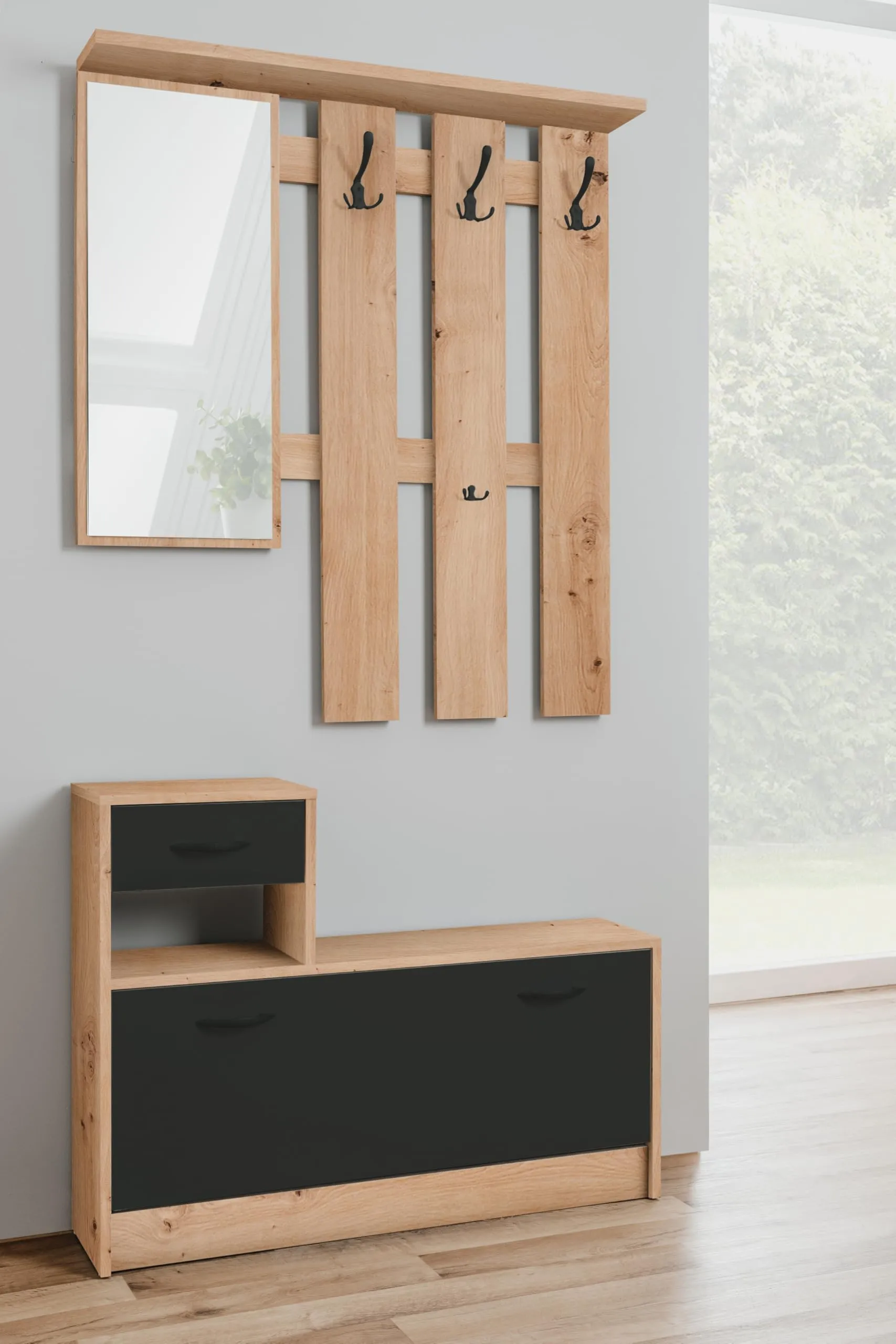AVANTI TRENDSTORE Rudolf - Guardaroba da Ingresso con Specchio, 3 Ganci e Scarpiera, 100x180x25 cm, Quercia Artisan/Nero - immagine 3