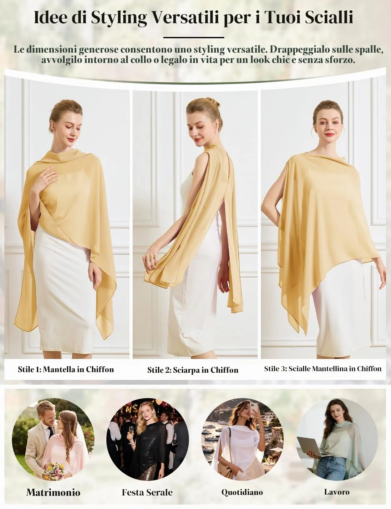 BEAUTELICATE Scialle Elegante Donna Poncho Coprispalle in Chiffon, Giallo Mostarda - immagine 2