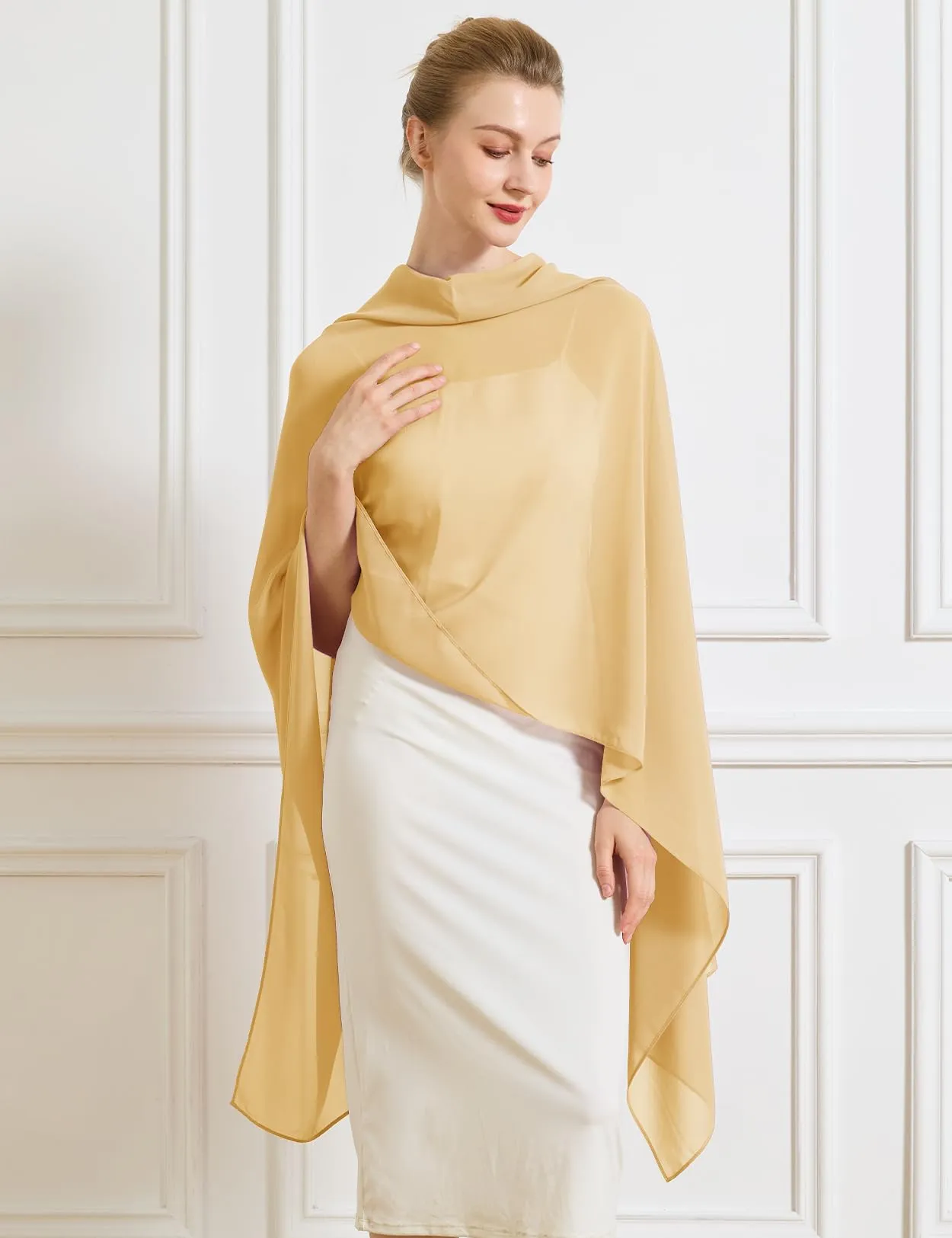 BEAUTELICATE Scialle Elegante Donna Poncho Coprispalle in Chiffon, Giallo Mostarda - immagine 3