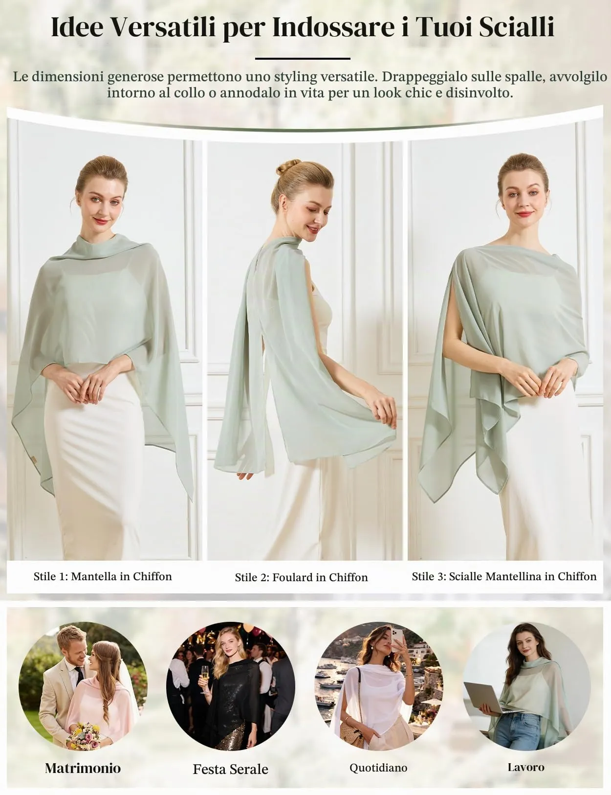 BEAUTELICATE Scialle Elegante Donna Poncho Coprispalle in Chiffon, Verde Salvia - immagine 2