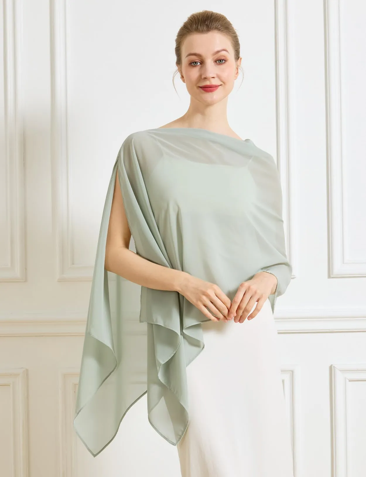 BEAUTELICATE Scialle Elegante Donna Poncho Coprispalle in Chiffon, Verde Salvia - immagine 3