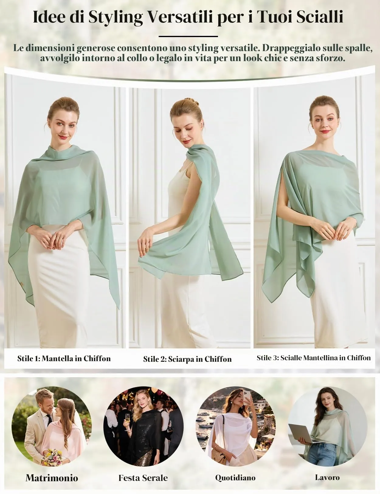 BEAUTELICATE Scialle Elegante Donna Poncho Coprispalle in Chiffon, Grigioverde Salvia - immagine 2