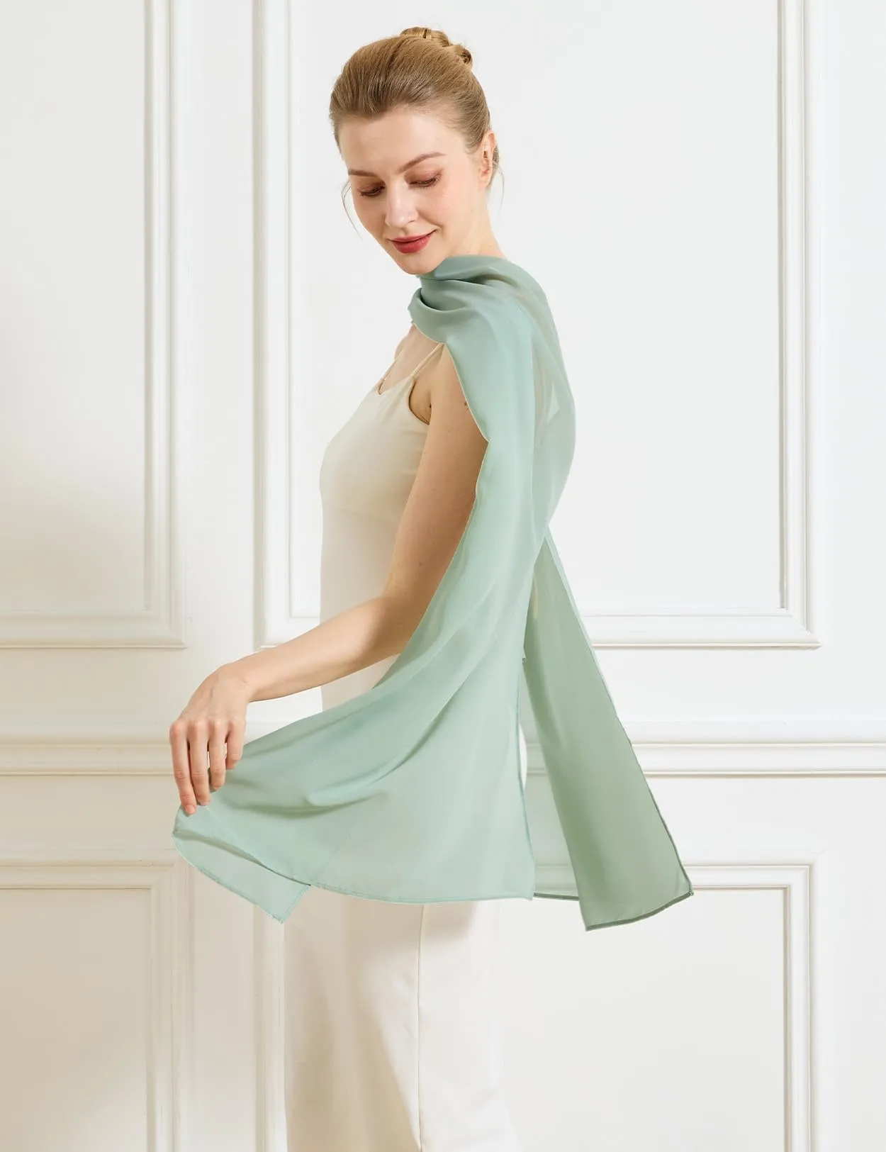 BEAUTELICATE Scialle Elegante Donna Poncho Coprispalle in Chiffon, Grigioverde Salvia - immagine 4