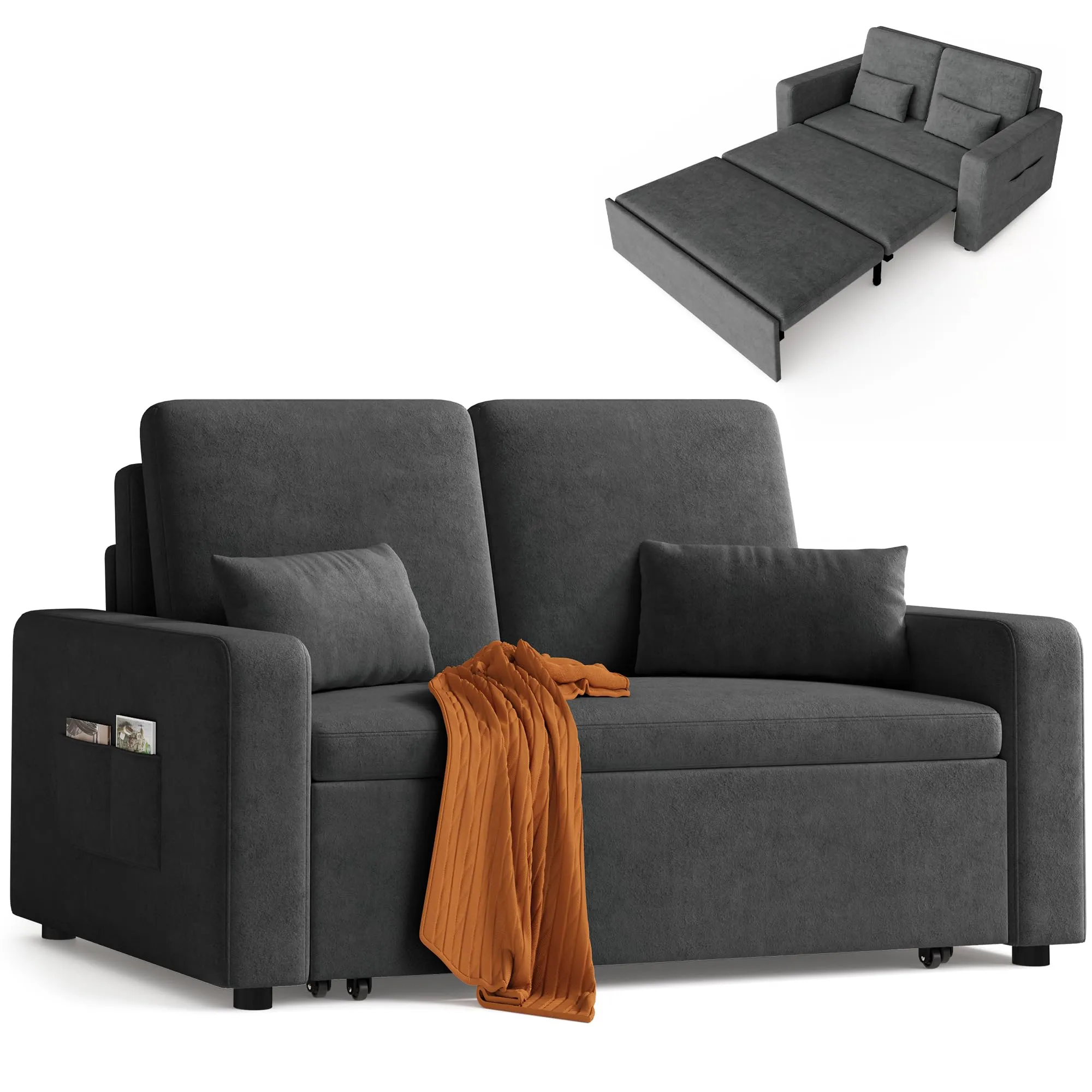 Xbro Divano Letto 2 Posti Convertibile in Ciniglia, Struttura in Metallo, con 2 Cuscini e Tasche Laterali, 147 × 196 × 87 cm - immagine 1