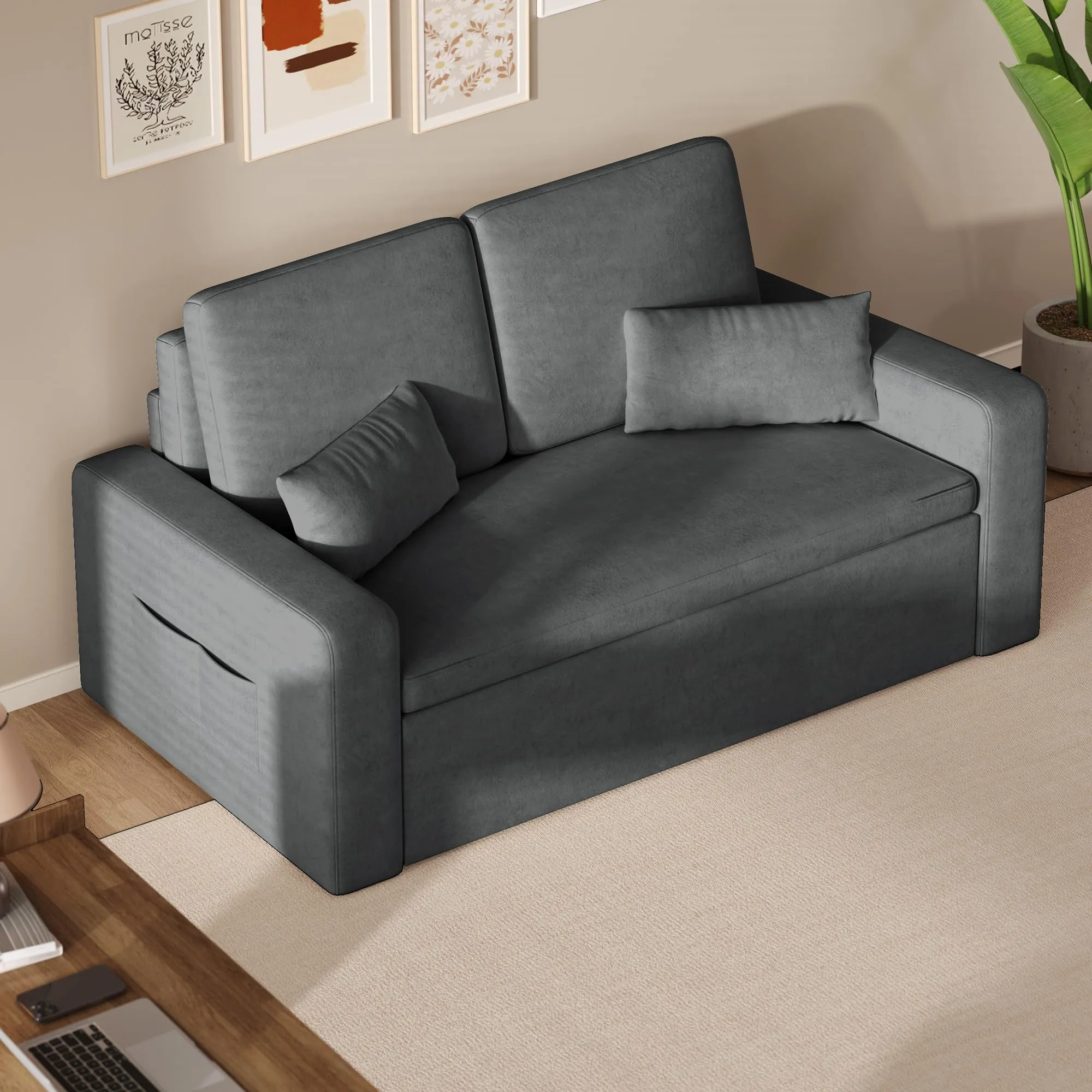 Xbro Divano Letto 2 Posti Convertibile in Ciniglia, Struttura in Metallo, con 2 Cuscini e Tasche Laterali, 147 × 196 × 87 cm - immagine 2
