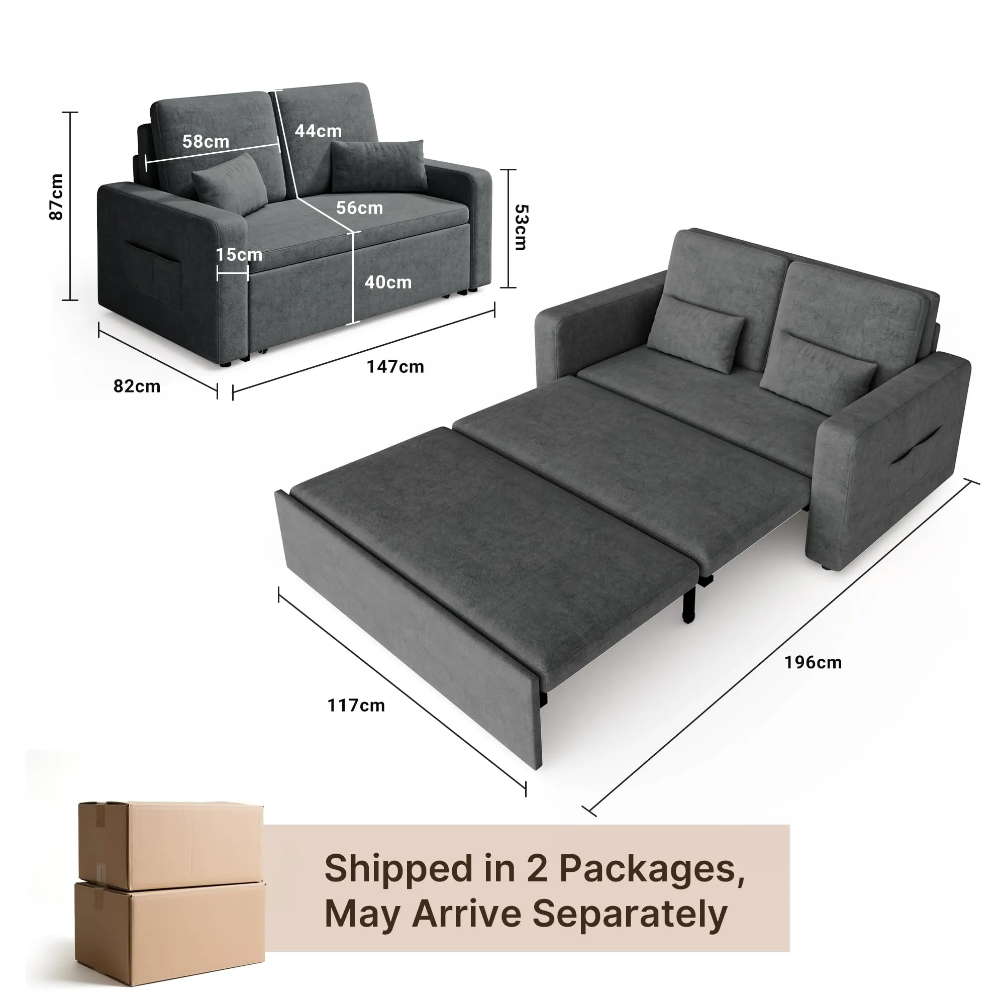 Xbro Divano Letto 2 Posti Convertibile in Ciniglia, Struttura in Metallo, con 2 Cuscini e Tasche Laterali, 147 × 196 × 87 cm - immagine 3