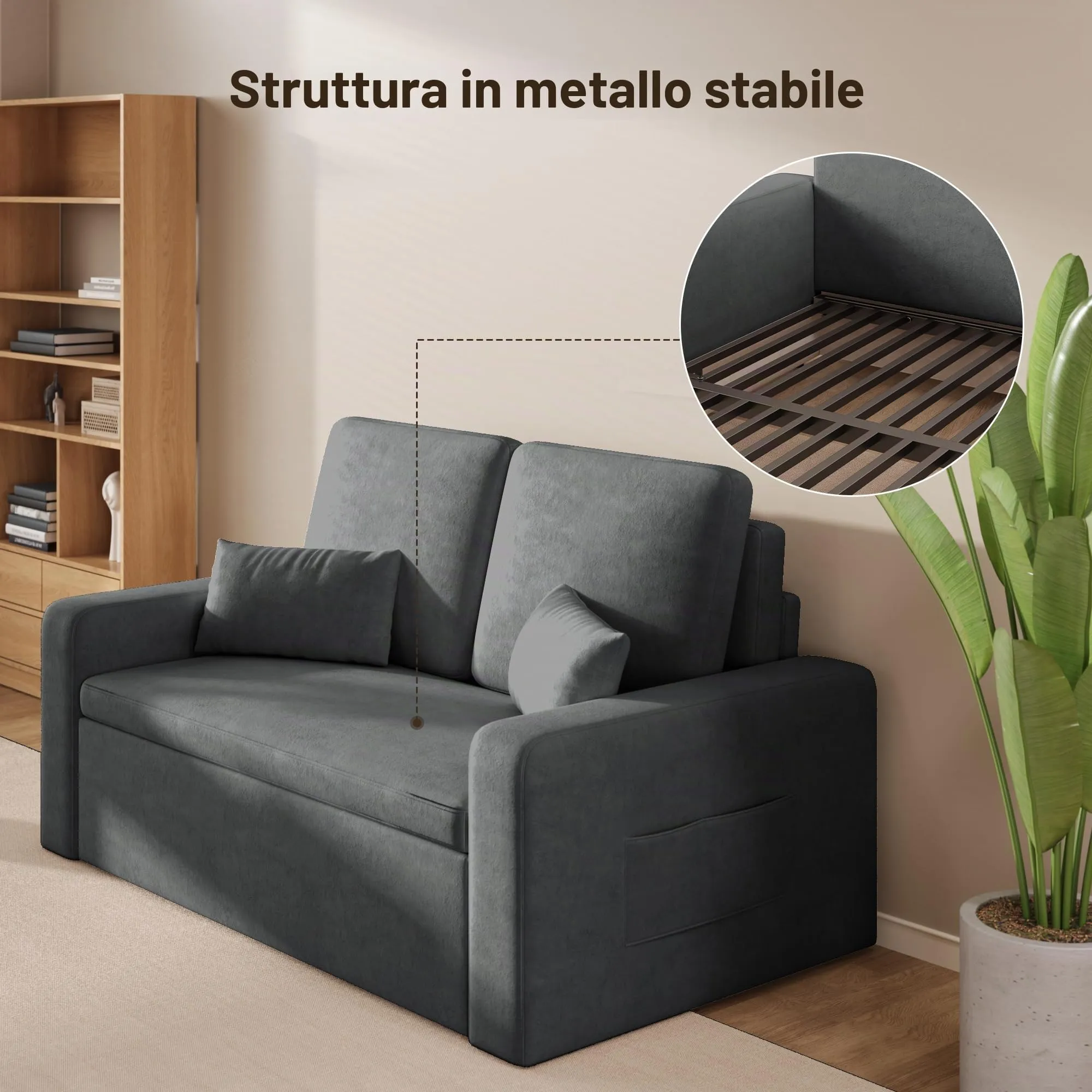 Xbro Divano Letto 2 Posti Convertibile in Ciniglia, Struttura in Metallo, con 2 Cuscini e Tasche Laterali, 147 × 196 × 87 cm - immagine 4