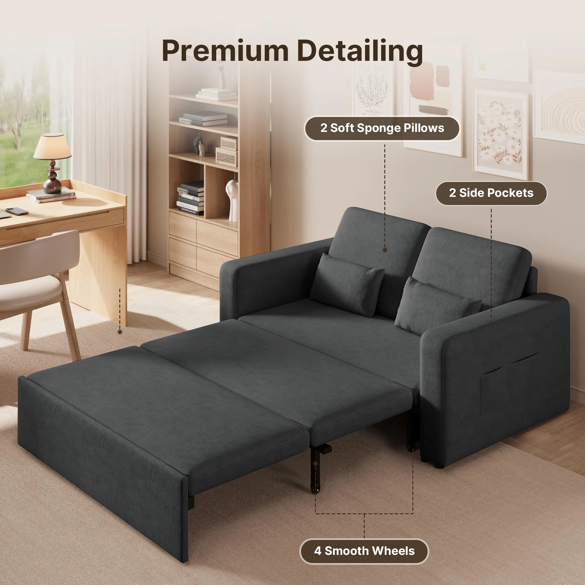 Xbro Divano Letto 2 Posti Convertibile in Ciniglia, Struttura in Metallo, con 2 Cuscini e Tasche Laterali, 147 × 196 × 87 cm - immagine 5