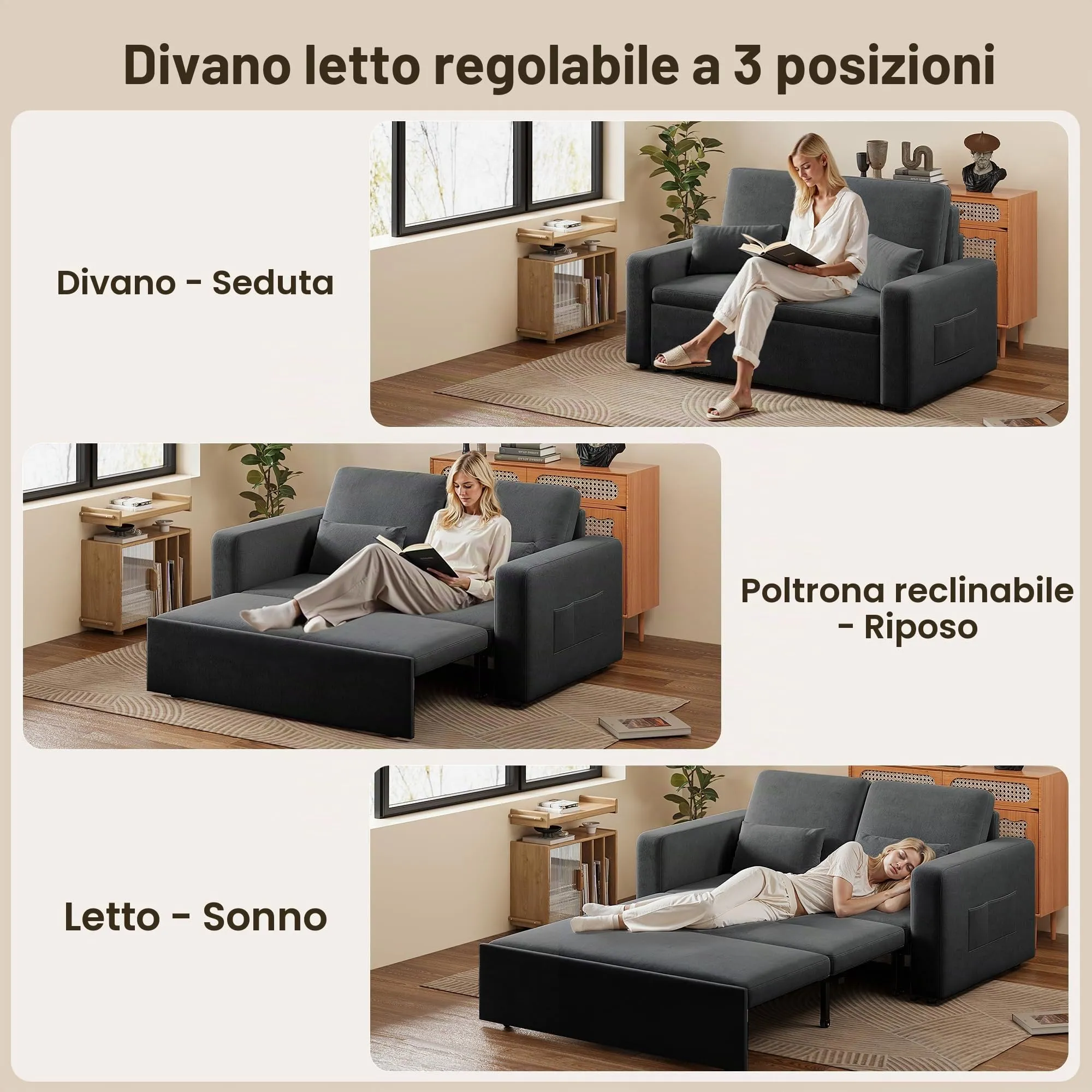 Xbro Divano Letto 2 Posti Convertibile in Ciniglia, Struttura in Metallo, con 2 Cuscini e Tasche Laterali, 147 × 196 × 87 cm - immagine 6