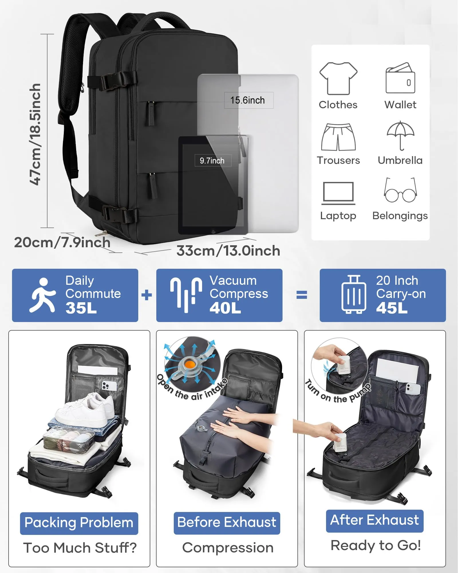 SZLX Zaino da Viaggio Sottovuoto 40x30x20 per Ryanair Wizzair, Impermeabile con Scomparto Laptop 14 Pollici, Porta USB e Scomparto Scarpe - immagine 5