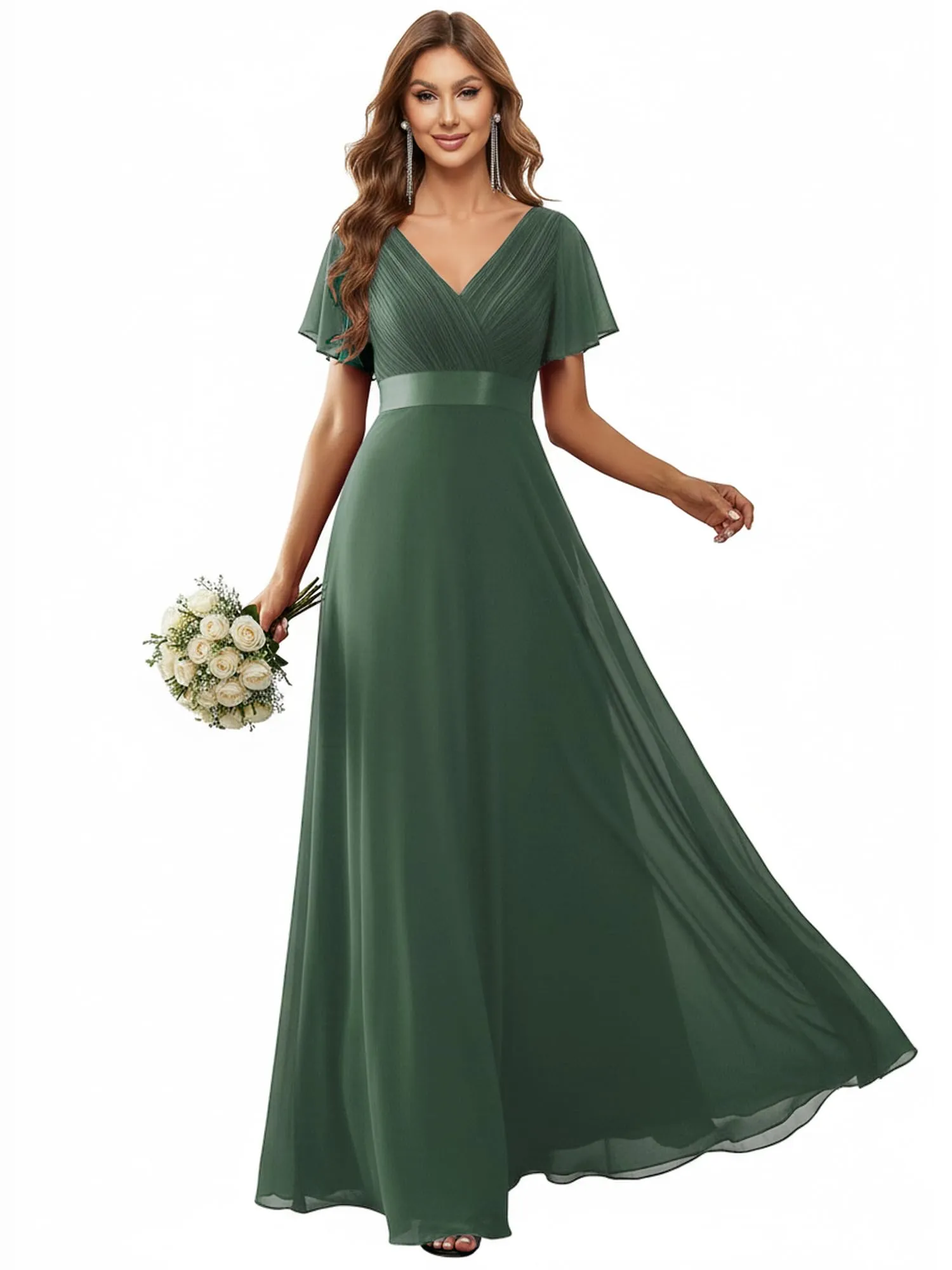 Ever-Pretty Vestito da Cerimonia Donna Scollo a V Linea ad A con Spacco Verde Eucalipto 58 - immagine 1