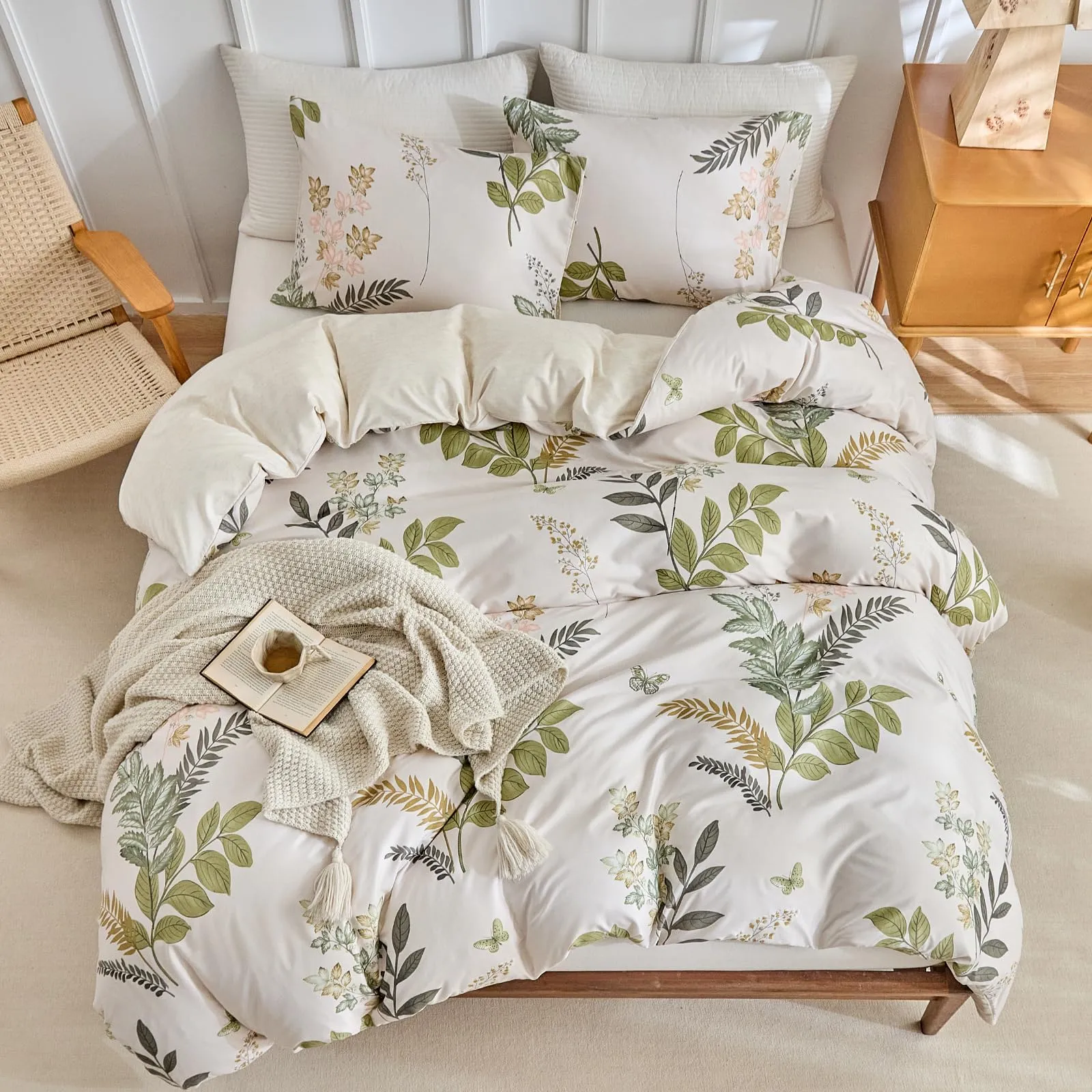 Tokokimo Set Copripiumino Matrimoniale 3 Pezzi in Microfibra con Motivo a Ramoscelli e Foglie, 240x220 cm, include 1 Copripiumino 240x220 e 2 Federe 50x80 - immagine 8