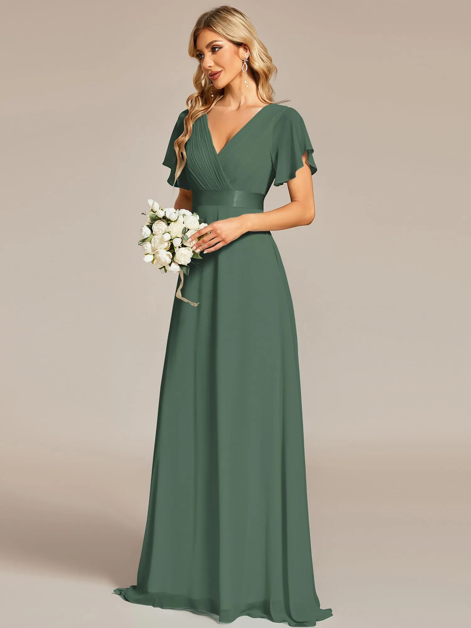 Ever-Pretty Vestito da Cerimonia Donna Scollo a V Linea ad A con Spacco Verde Eucalipto, Taglia 52 - immagine 4