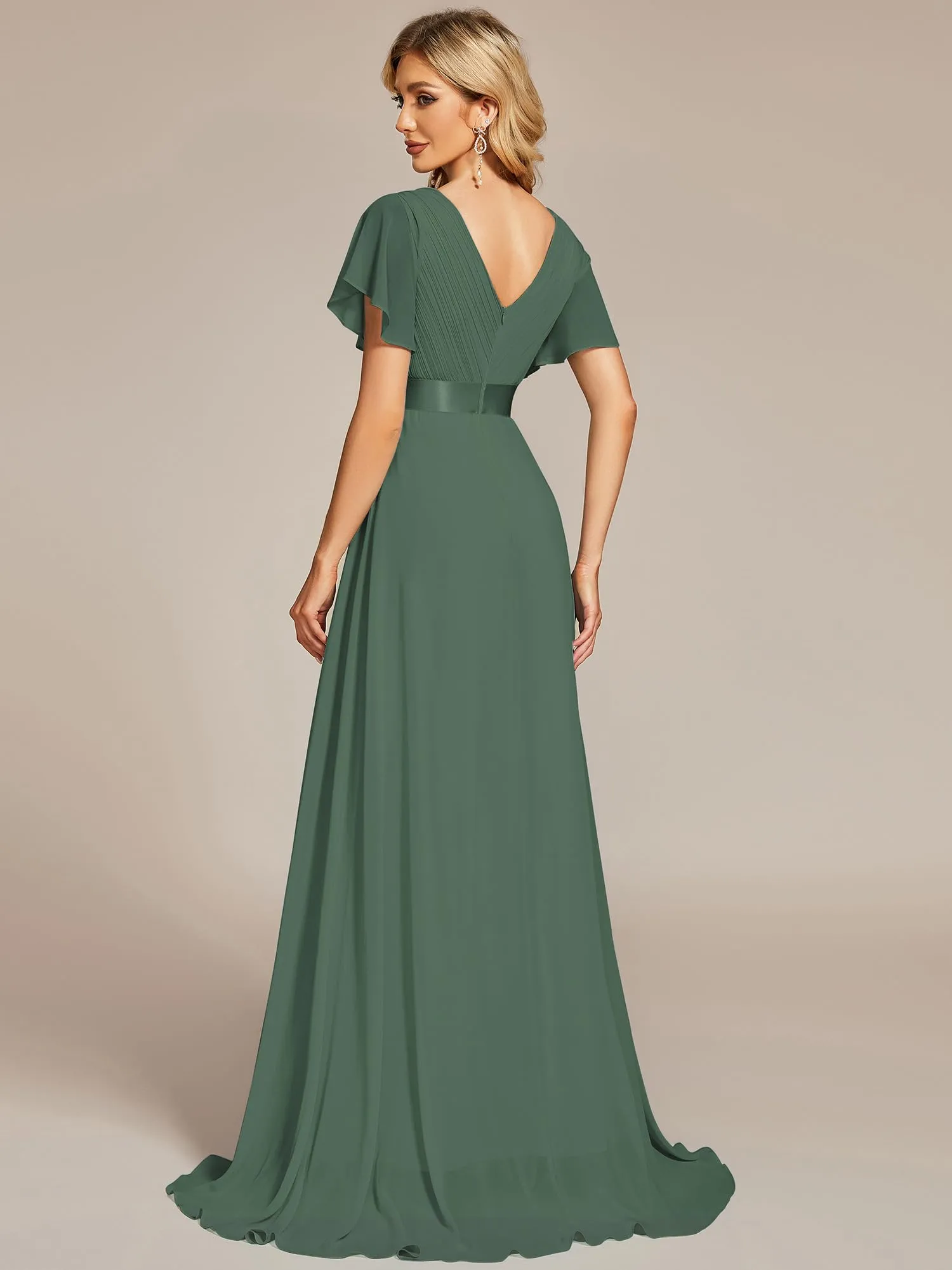 Ever-Pretty Vestito da Cerimonia Donna Scollo a V Linea ad A con Spacco Verde Eucalipto 46 - immagine 2